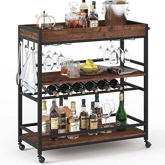 3-Tier Rolling Bar Cart with Storage