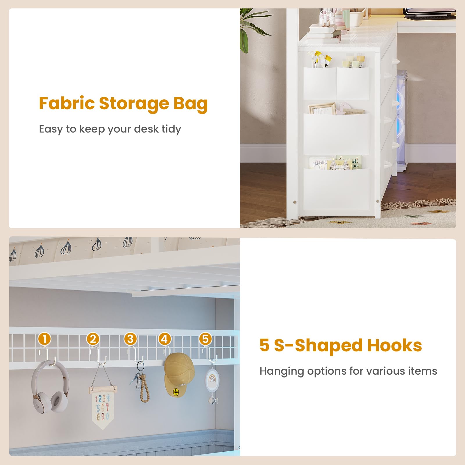 Full Size Loft Bed with U-Shaped Desk and Storage Drawers