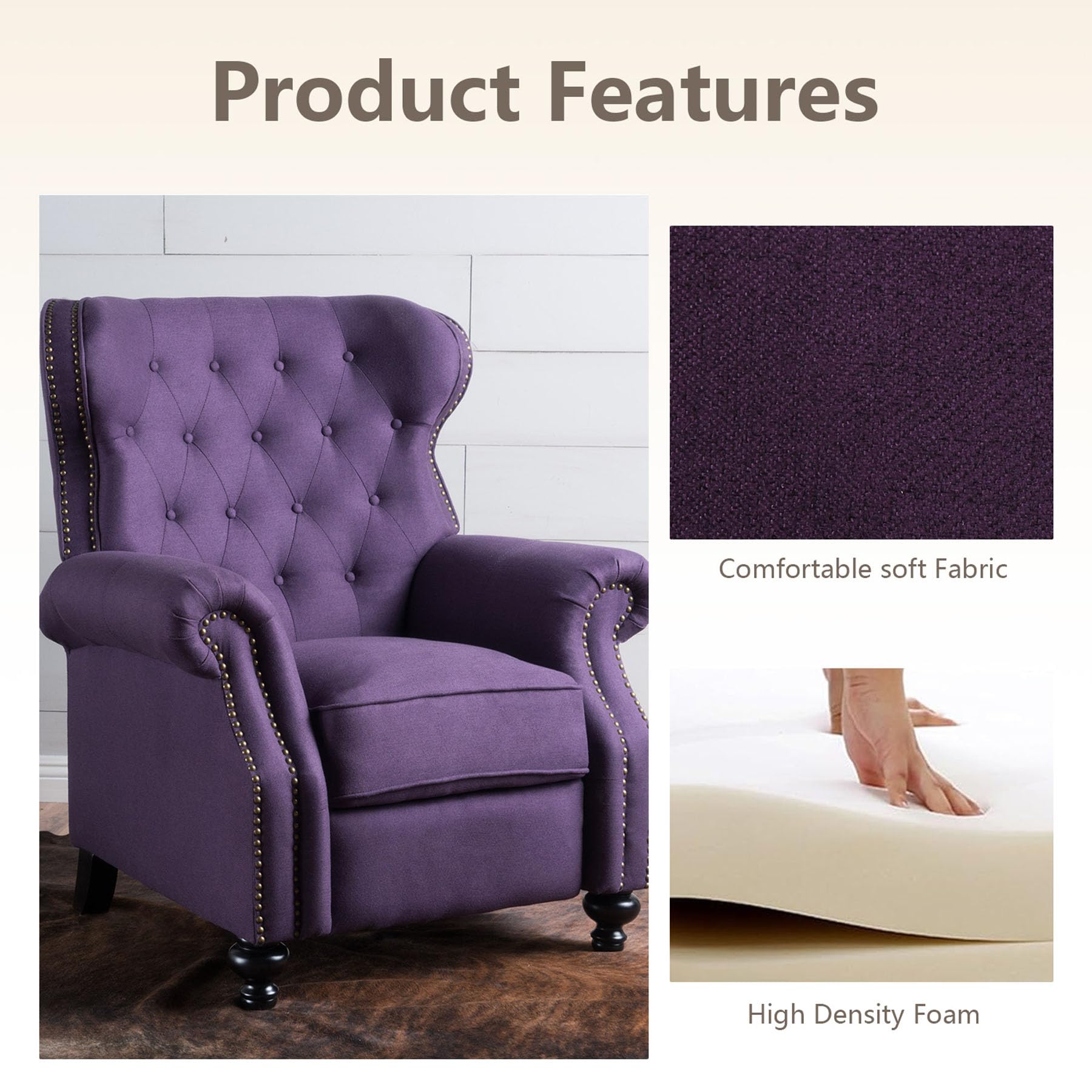 Purple Pushback Recliner Chair with Wingback Design