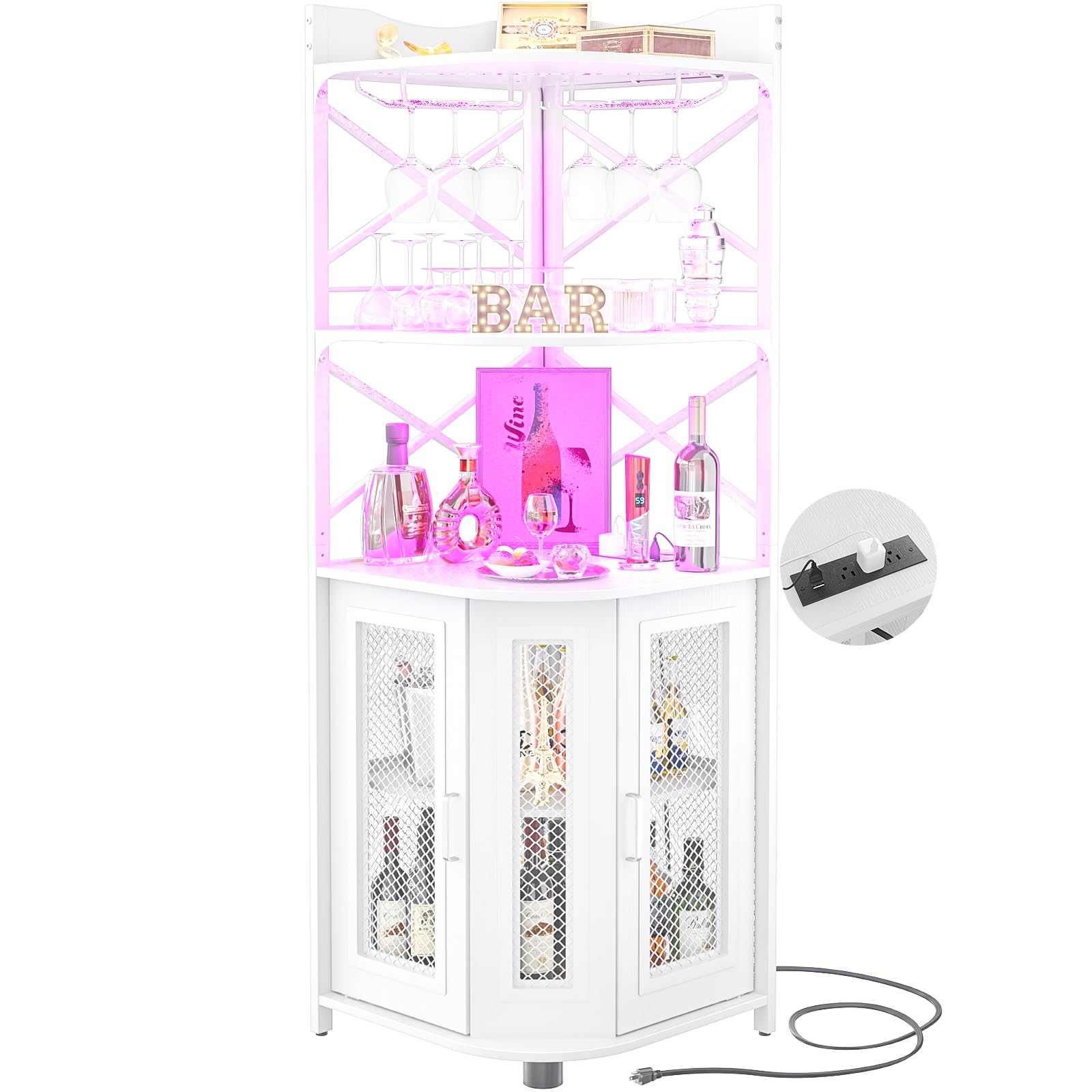 Corner Bar Cabinet with Power Outlet and LED Lights
