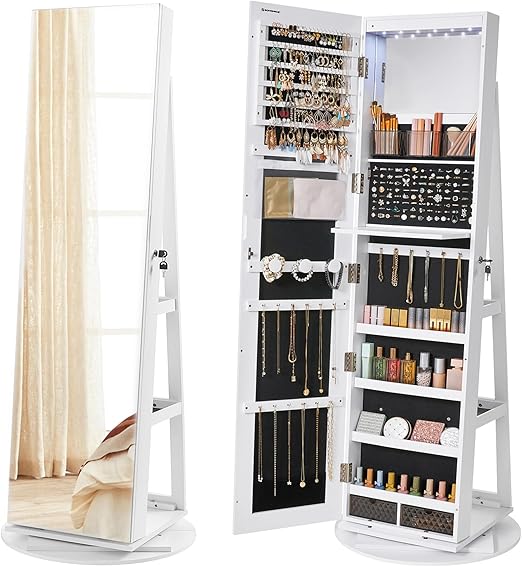 LED Lockable Mirror Jewelry Cabinet with 360° Swivel Stand