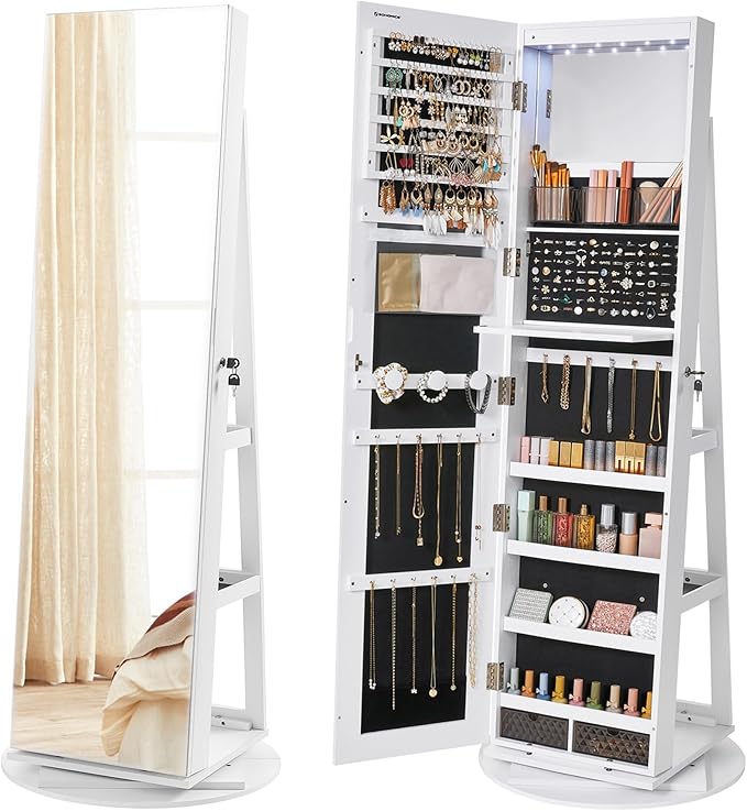 6 LED Lockable Mirror Jewelry Cabinet with 360° Swivel