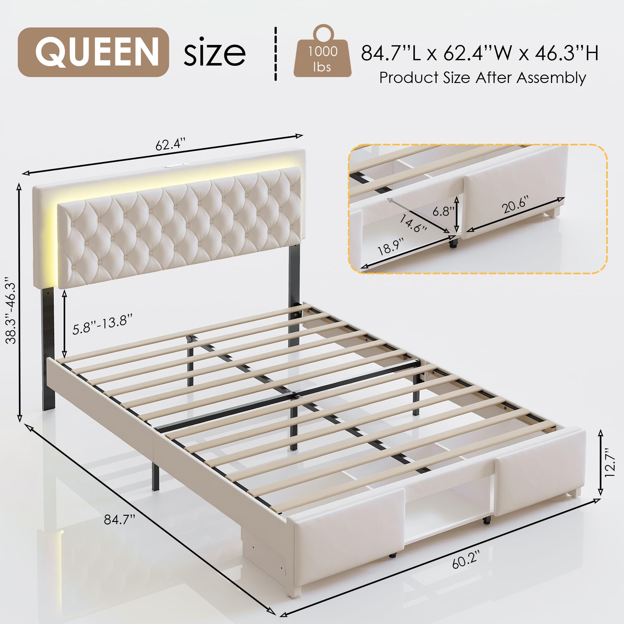 Queen Bed Frame with LED Headboard and Storage