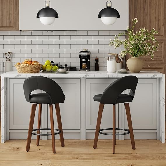 Swivel Counter Height Bar Stools Set of 2 - Beige Faux Leather with Bentwood Legs