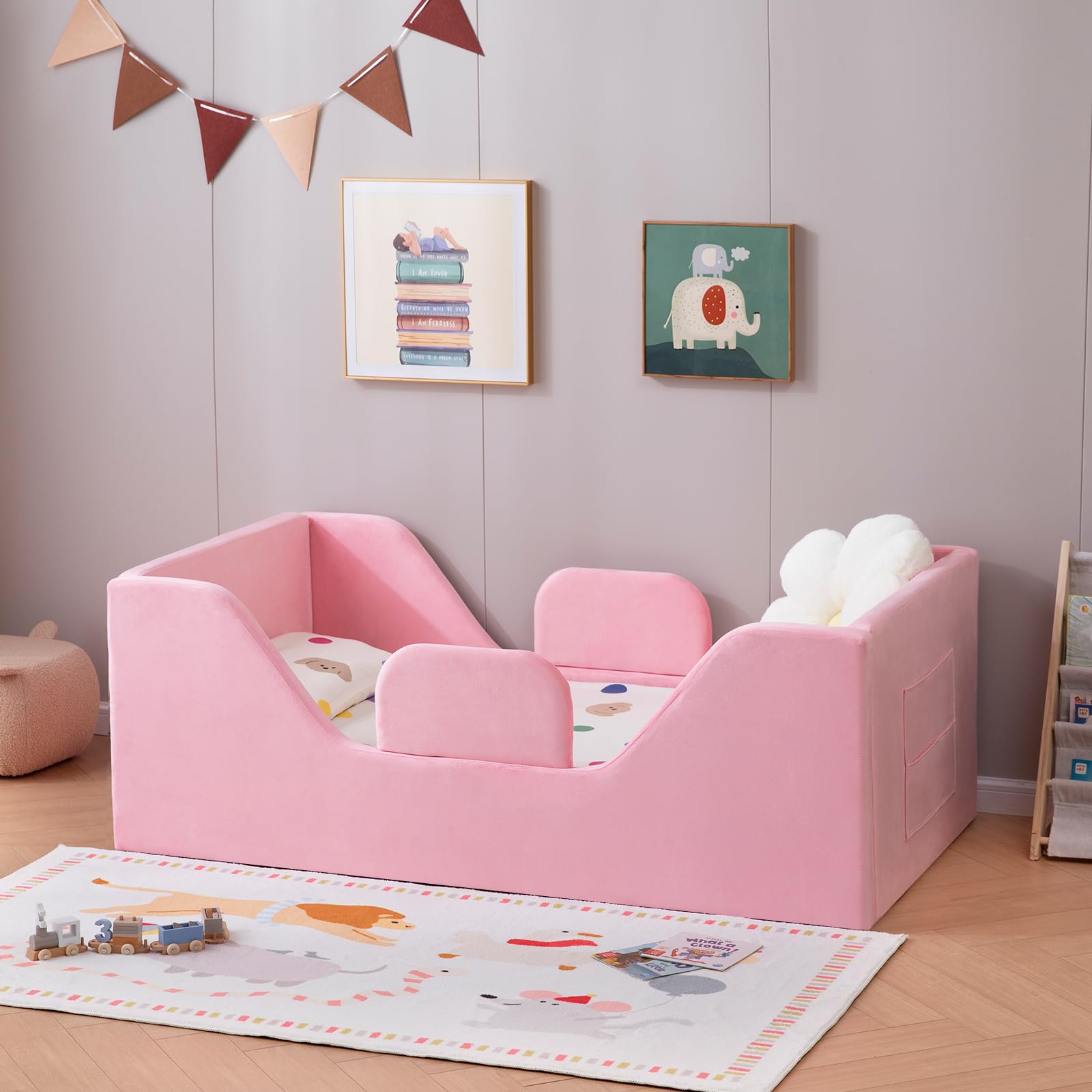 Zumspiel Toddler Floor Bed with Removable Safety Rails and Storage Bag, Kids Bed for Girl and Boys, Standard Crib Size, Safety Upholstered Child Beds, Low to Floor Design