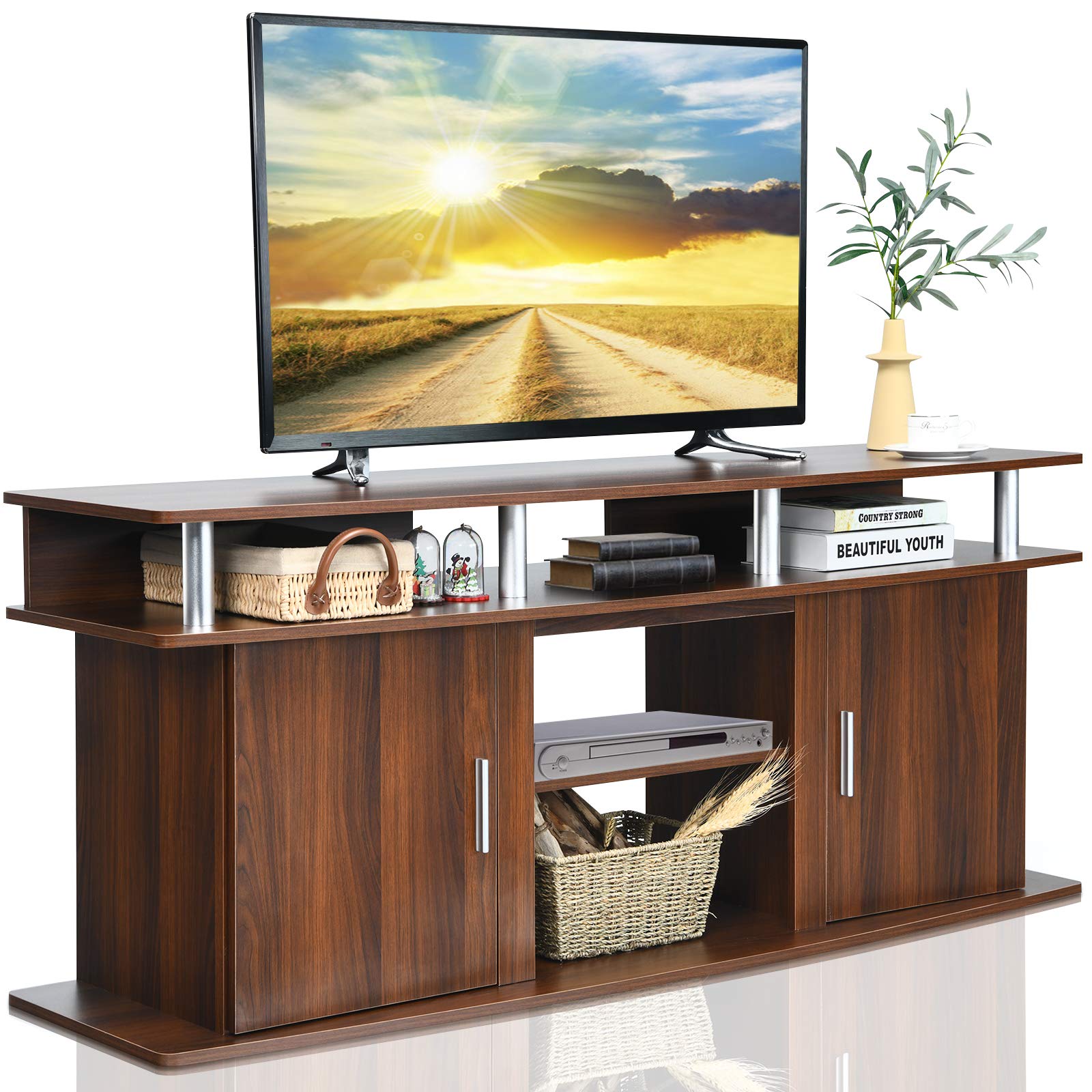 TV Stand with Fireplace Opening Cherry Wood