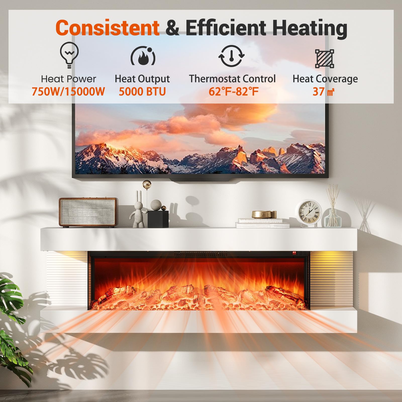 50-Inch Wall Mount Electric Fireplace with Floating Mantel