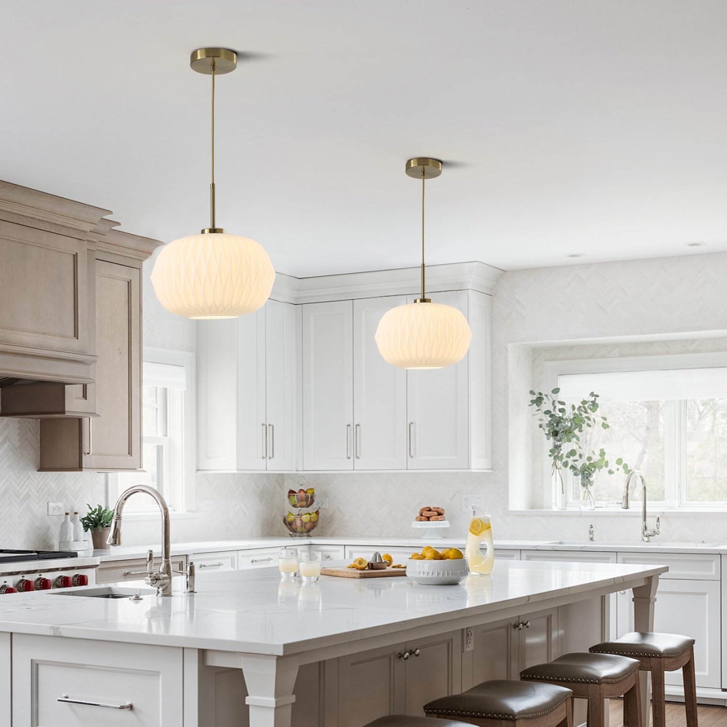 12-Inch Gold Pendant Light with Ribbed Glass Globe