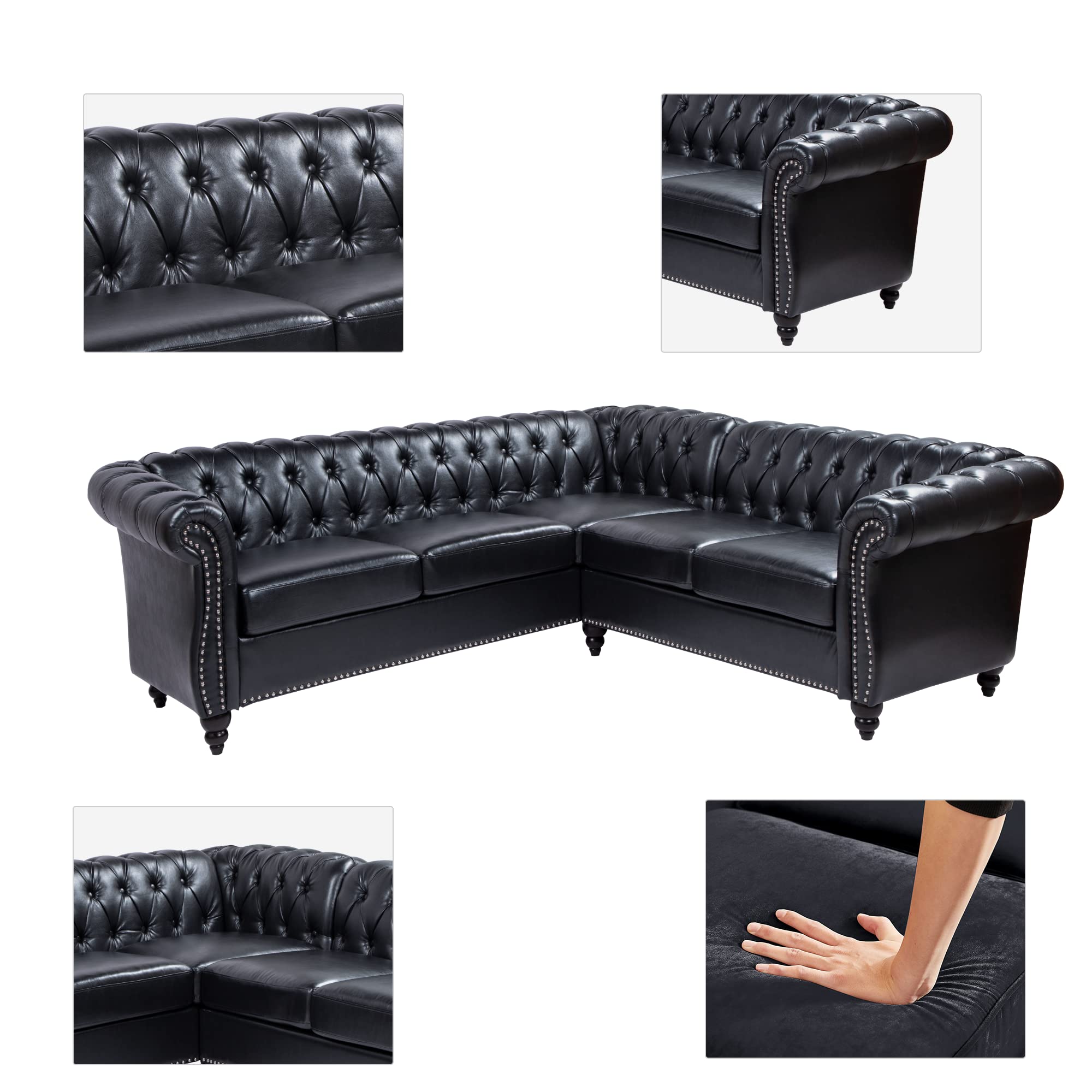 Chesterfield L-Shaped Sectional Sofa 5-Seater Black