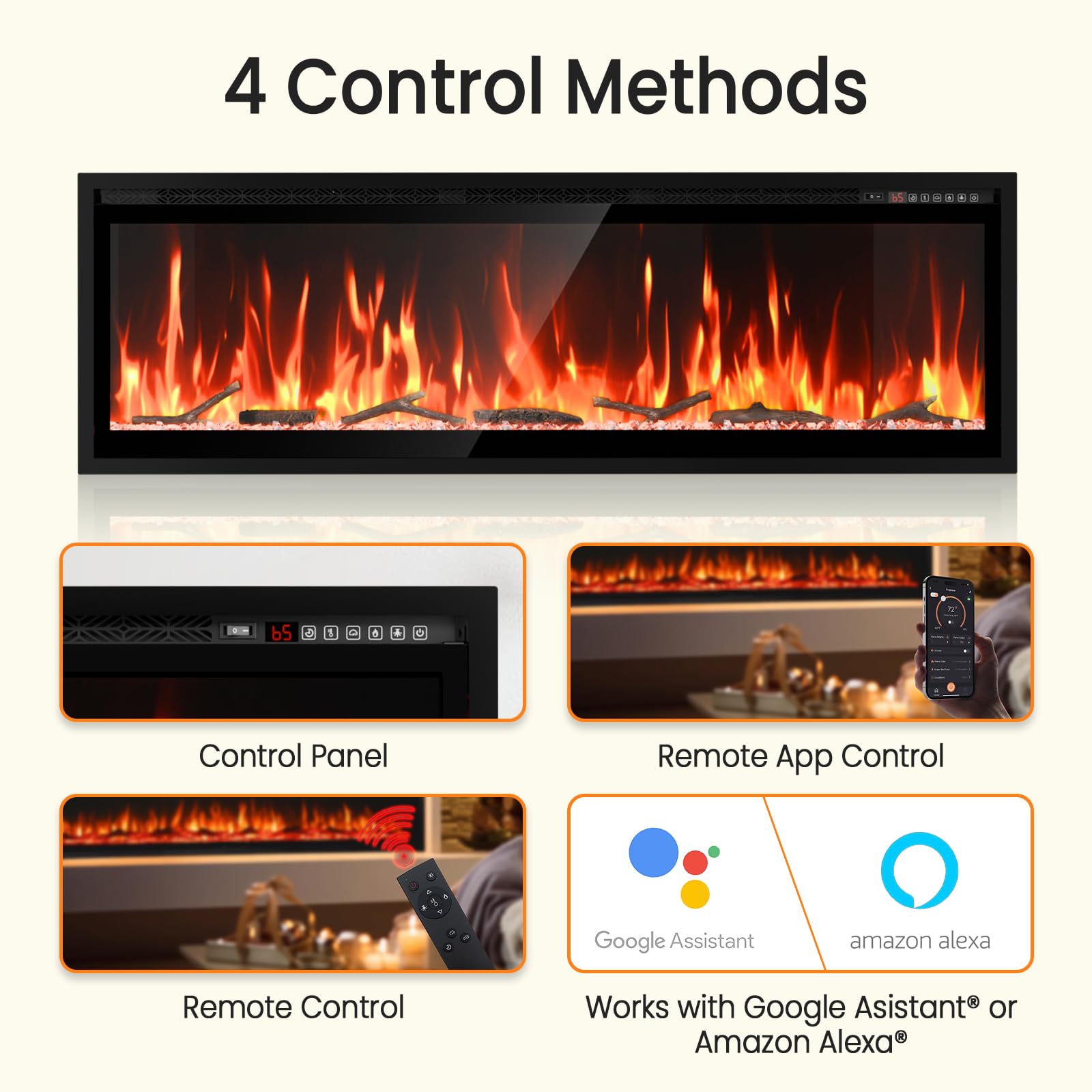 60" Smart Electric Fireplace with Voice Control and Realistic Flame