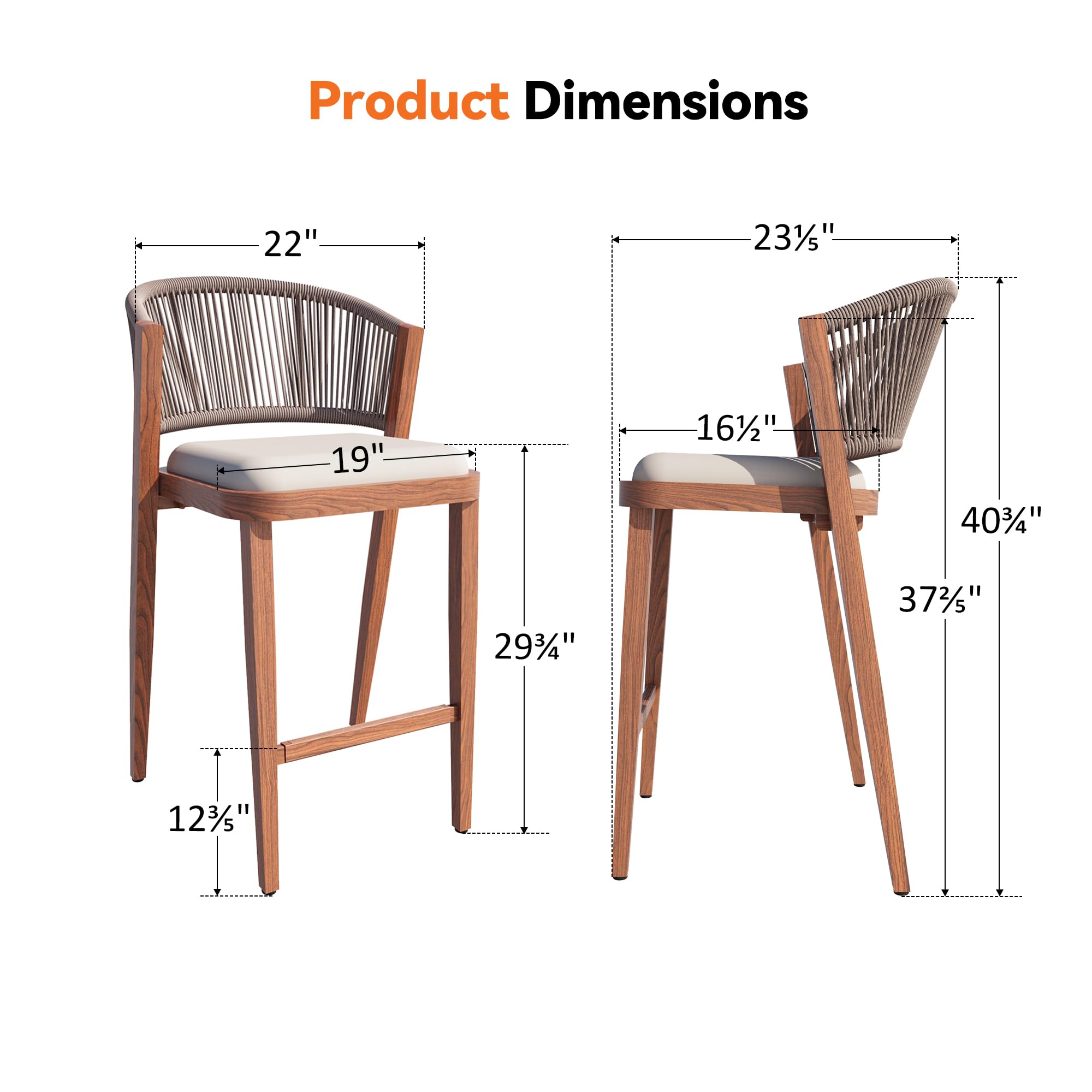 Outdoor Bar Stools Set of 2 with Rope Woven Backrest