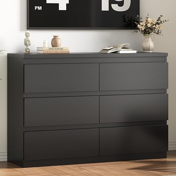 Modern Black 6 Drawer Dresser with Smooth Metal Rails