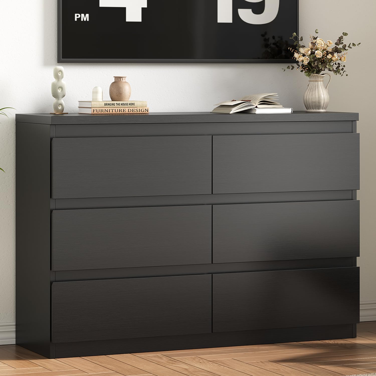 Modern Black 6 Drawer Dresser with Smooth Metal Rails