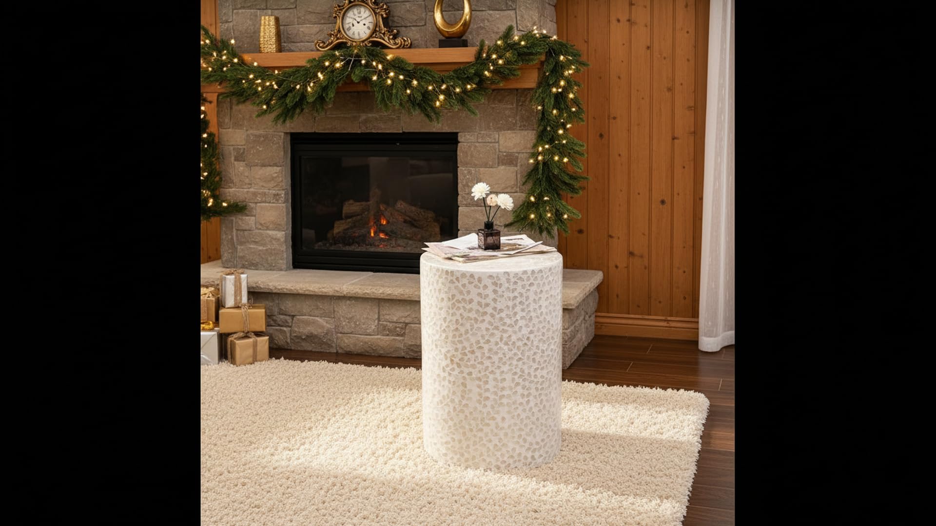 Capiz Shell Cylinder Drum End Table - White Cream Floral Vine Pattern