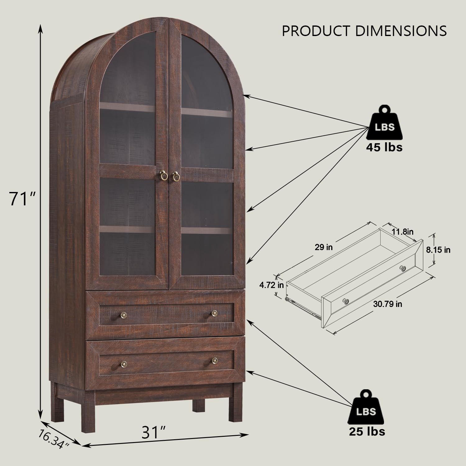 71" Tall Arched Kitchen Pantry Cabinet with Glass Doors and Drawers