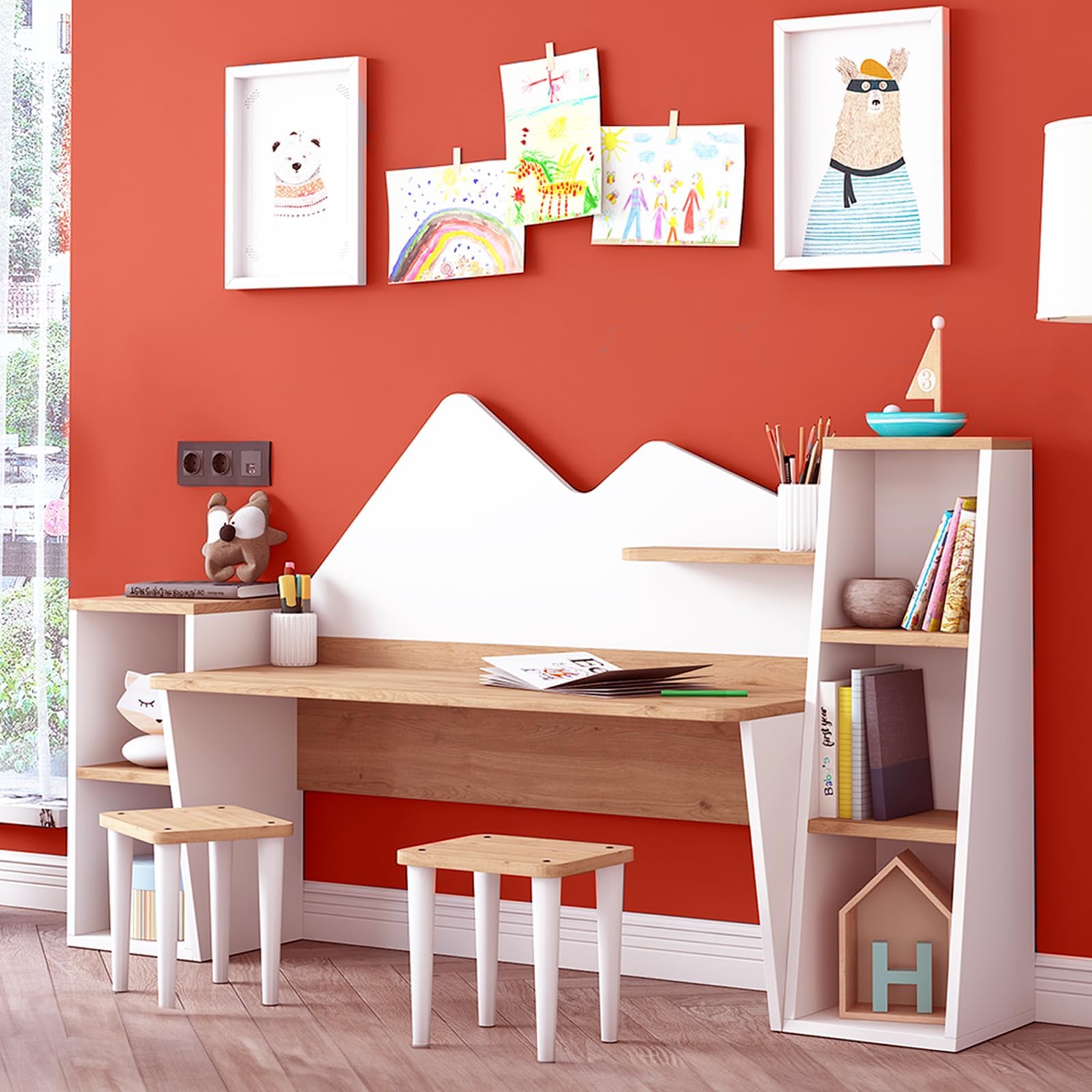 LAWA FURNITURE Kid's Study Desk with Bookshelf + 2 Stools for Ages 3-8, Wooden Children Activity Table with Hutch and Shelves, Kids Bedroom Study Desk with Storage