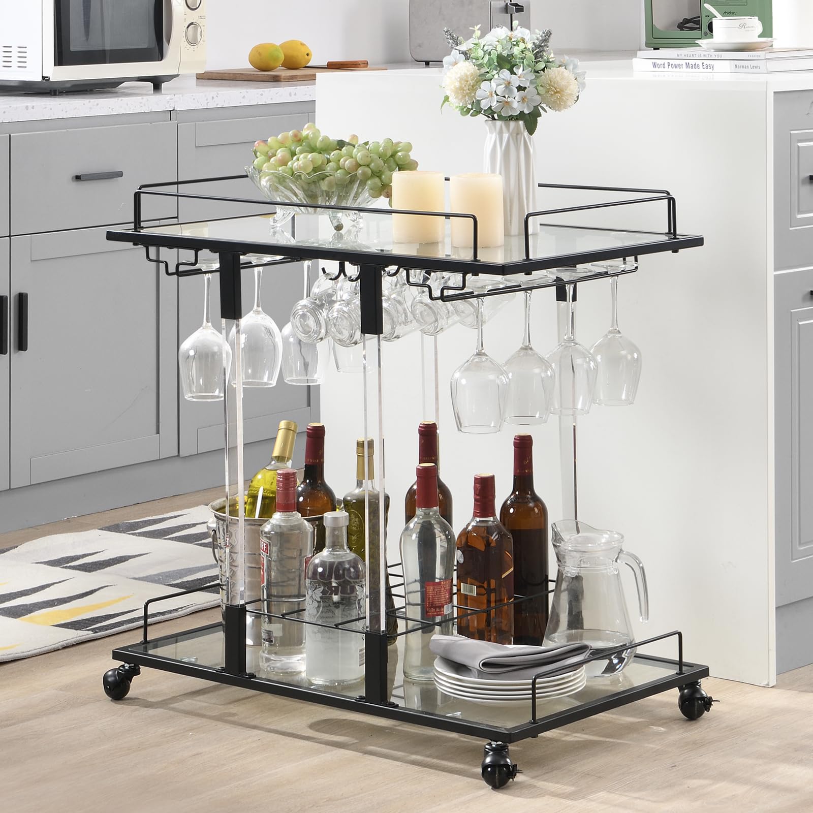 2-Tier Acrylic Rolling Bar Cart with Wine Rack