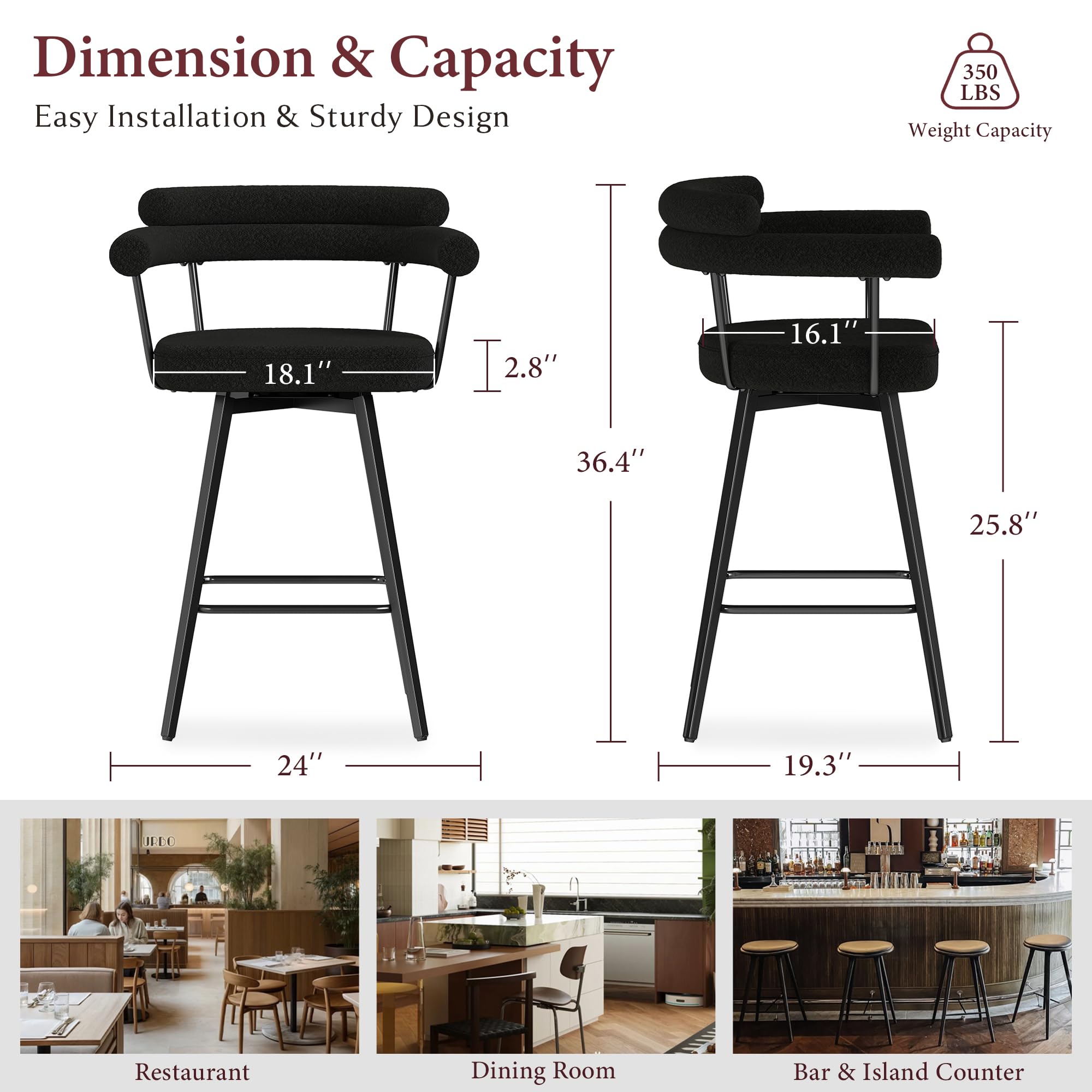26" Swivel Bar Stools Set of 2 Black Boucle Counter Height