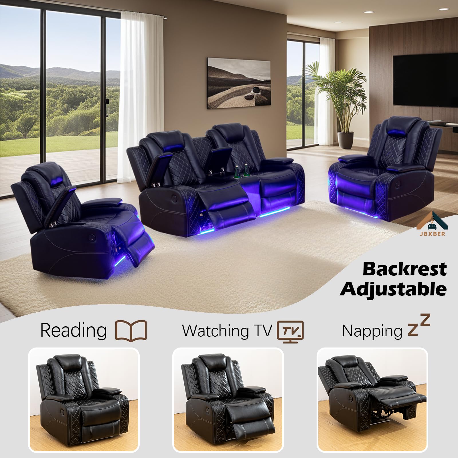 Power Recliner Sofa Set with LED Lights and Storage Console