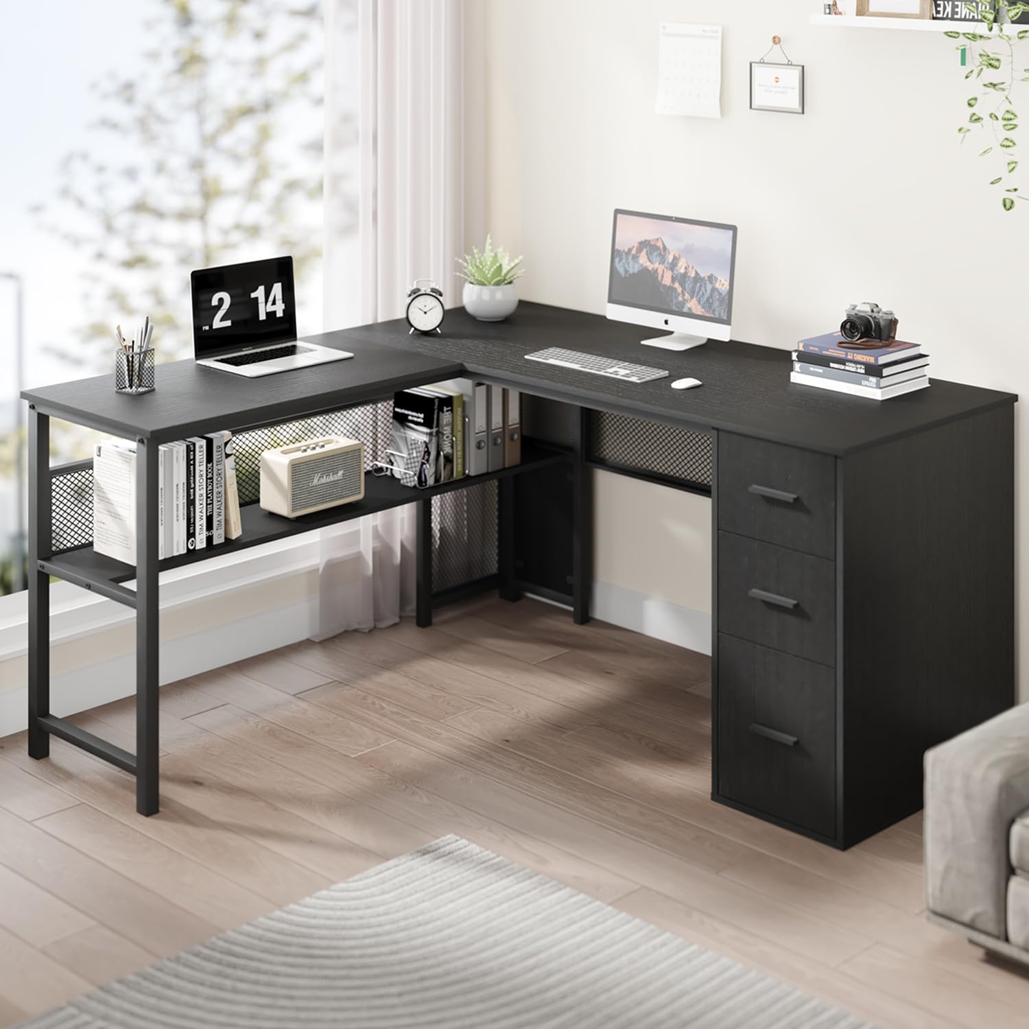 Black L Shaped Desk with Drawers and Storage Shelf