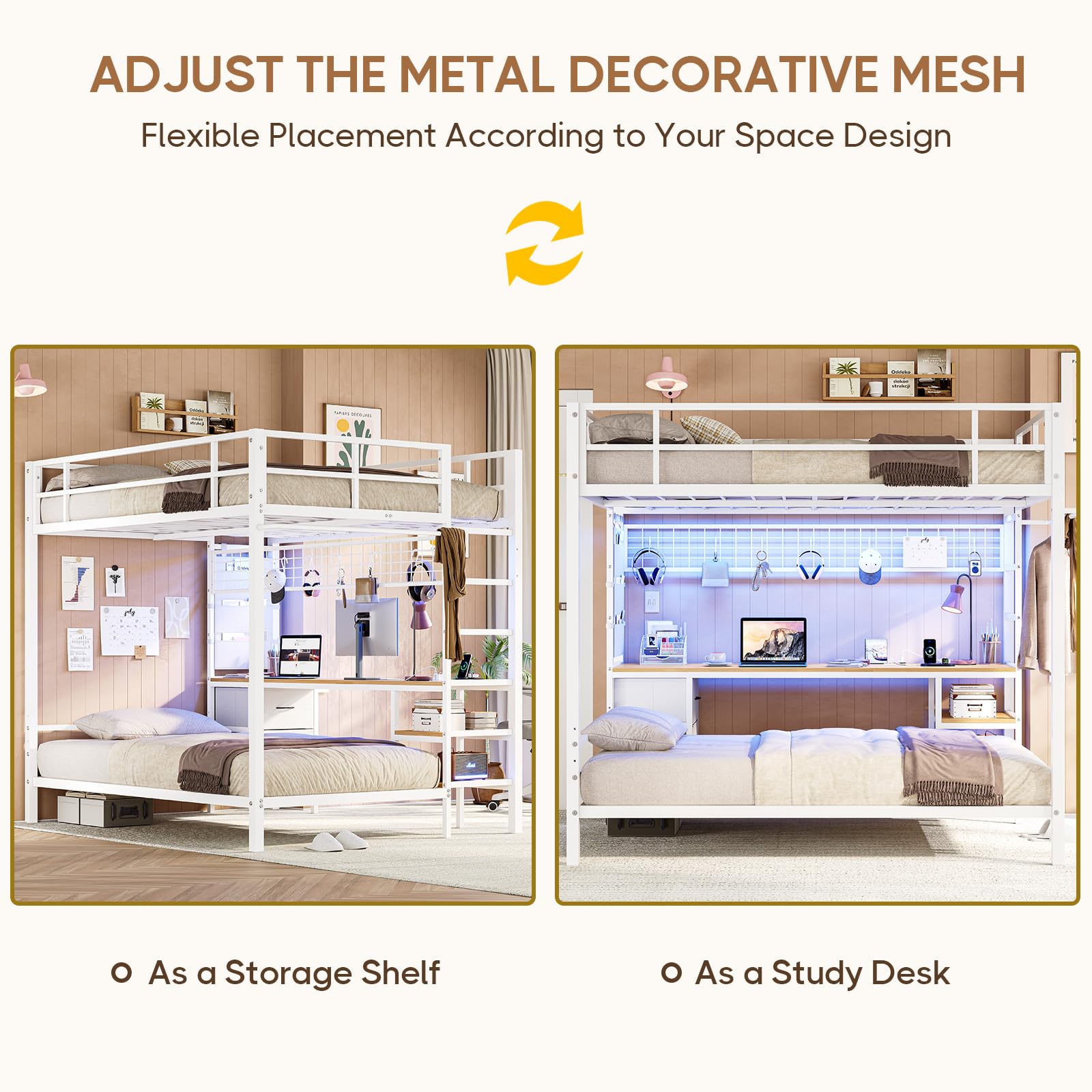 Full Over Twin Metal Bunk Bed with Desk and LED Lights