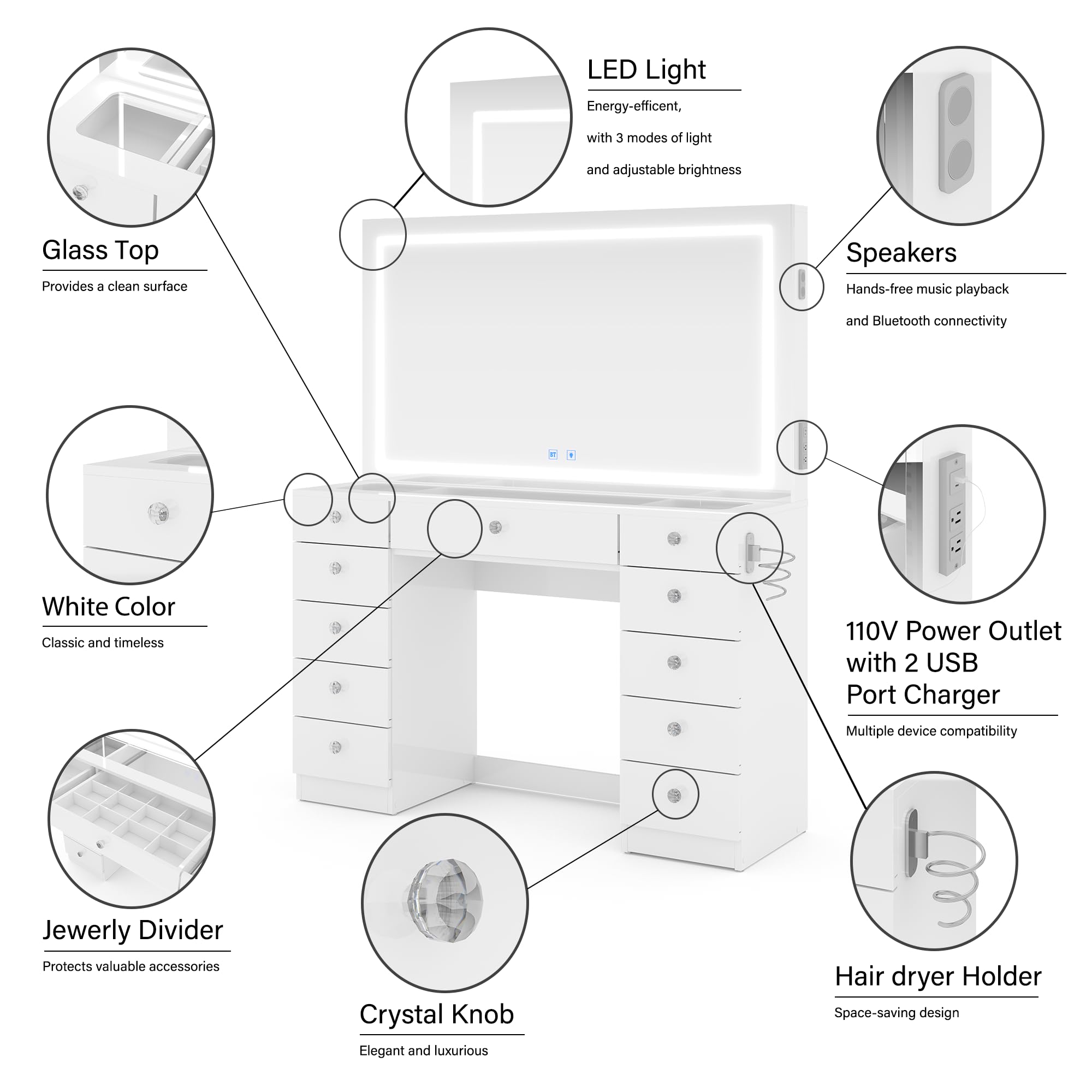 Large Makeup Vanity Desk with Dimmable LED and Bluetooth Speakers