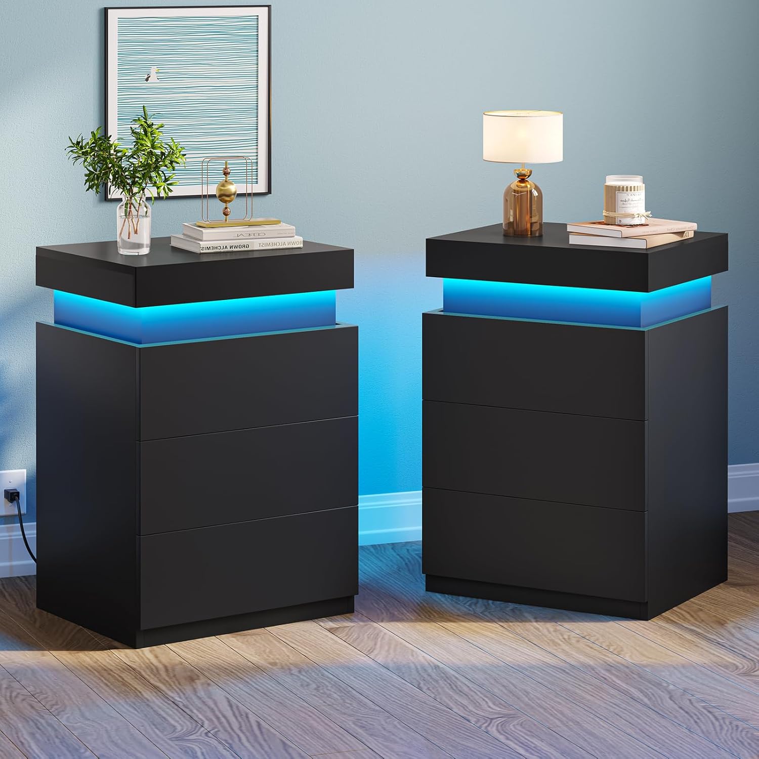 LED Nightstand with Charging Station and Sliding Top