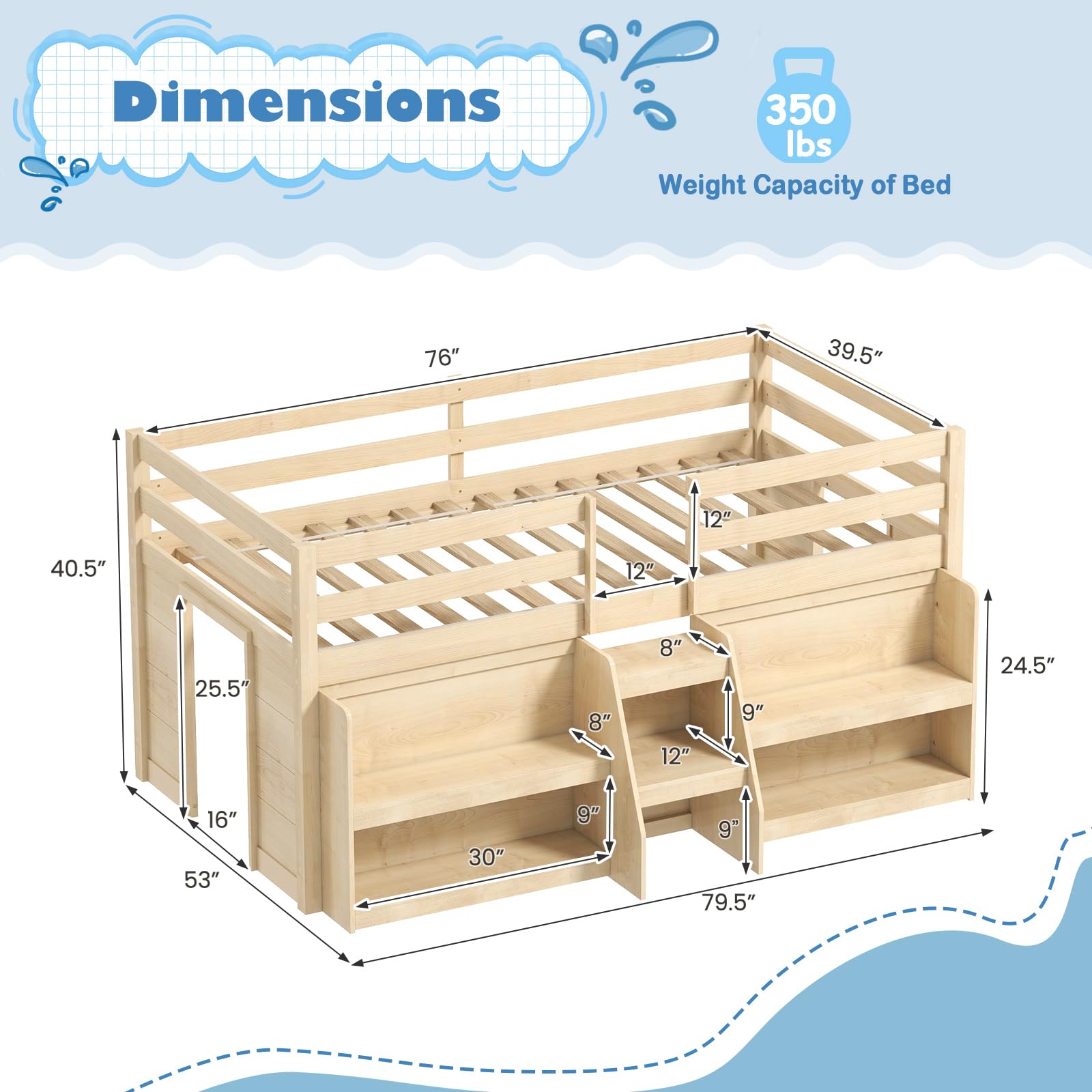Low Loft Bed with LED Light and Bookcases