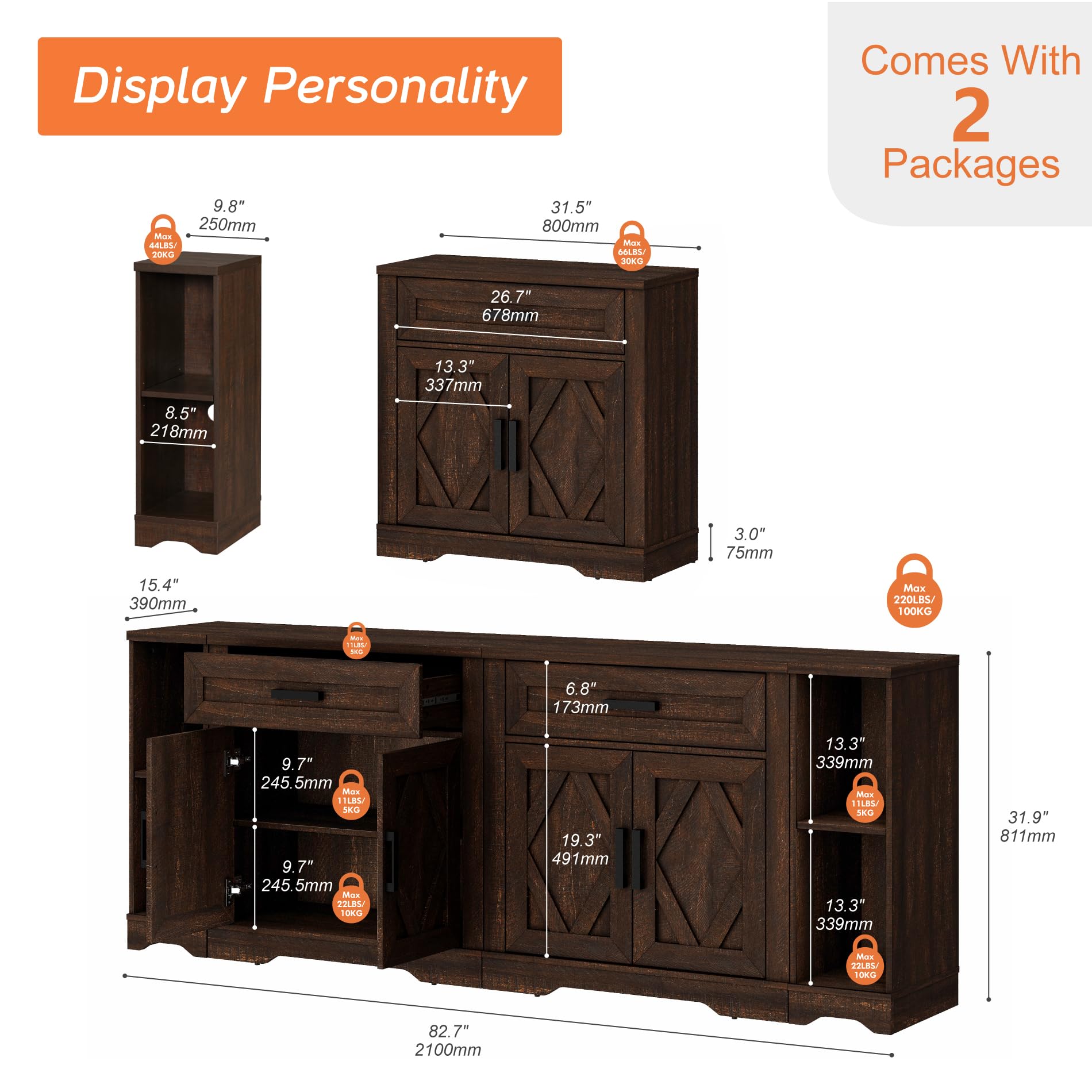 82.7" Farmhouse TV Stand with Barn Door Storage