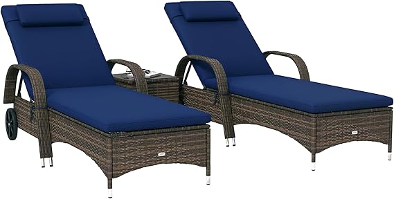 Wicker Outdoor Chaise Lounge Chair Set of 3 with Side Table