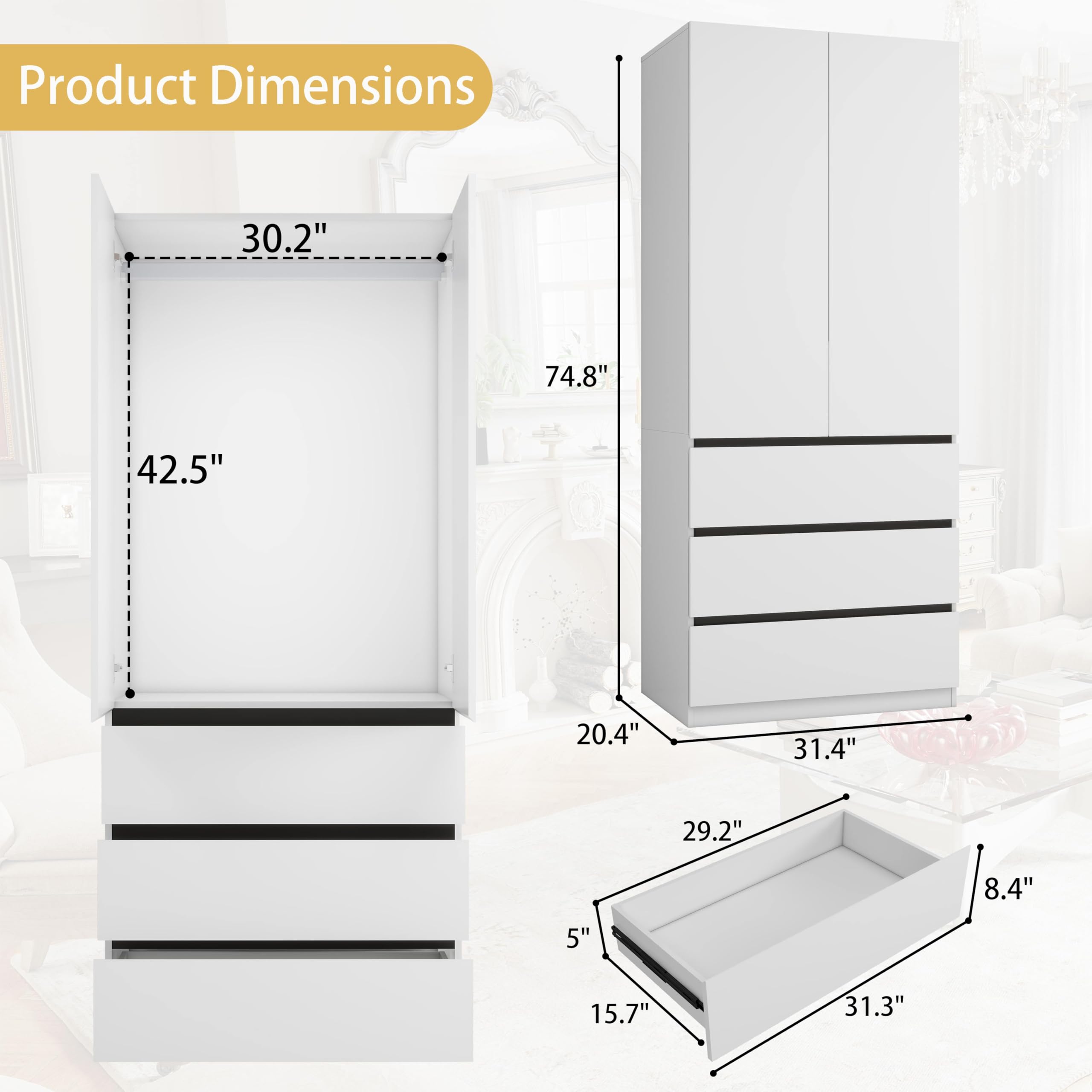 White Armoire Wardrobe with 9 Drawers and 6 Doors