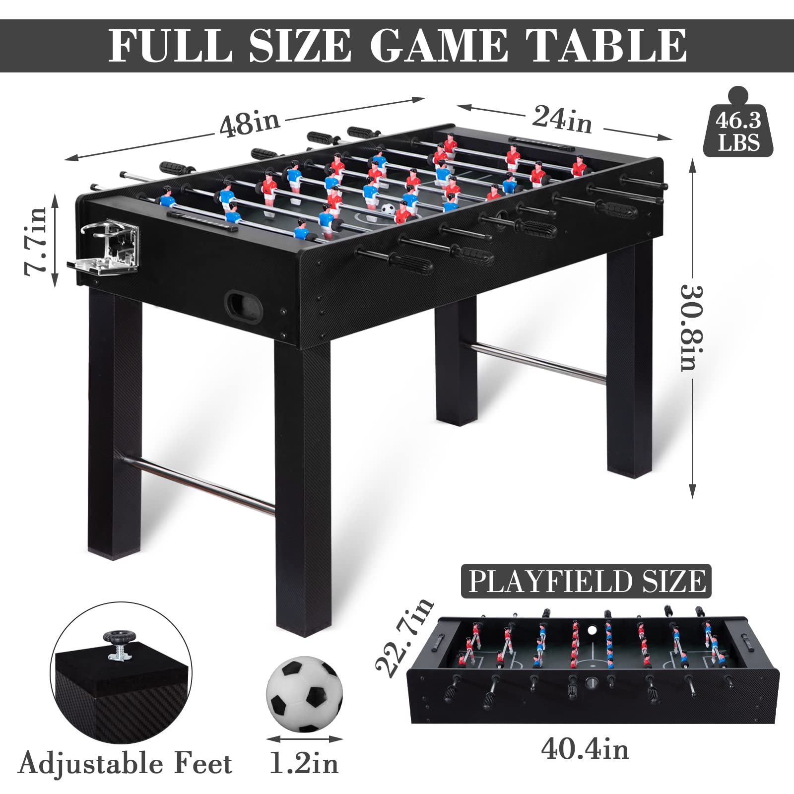 REAHOISY 48in Foosball Table, Competition Sized Soccer Table w/ 2 Balls, 2 Cup Holders 2x4ft for Kids, Adults, Suit for 4 Players, Football Table for Home, Game Room, Arcade (Black)
