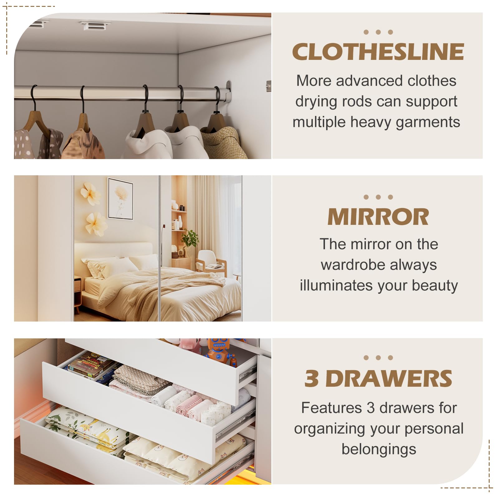 3-Door Armoire Wardrobe with Mirror and LED Lights