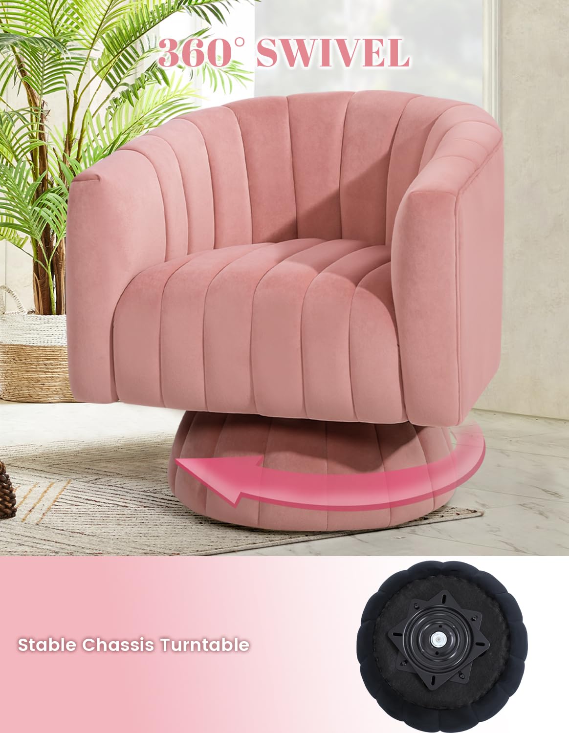 Velvet Pink Swivel Accent Chair with 360° Rotation