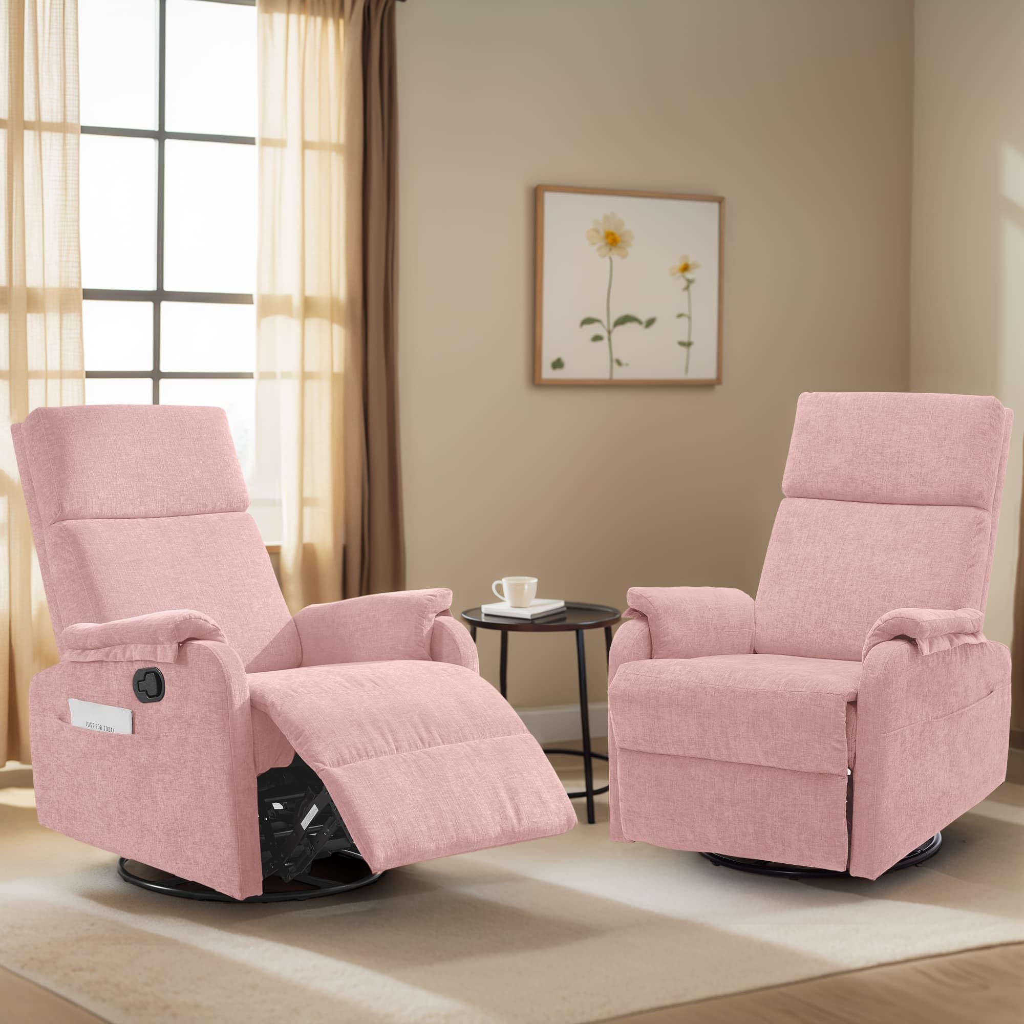 Korser Recliner Chair, Swivel Rocking Recliner Chair for Adults, Glider Rocking Chair, Small Nursery Chair Recliner for Living Room, Reclining Chair with Modern-Designed Armrests, Chenille, Khaki