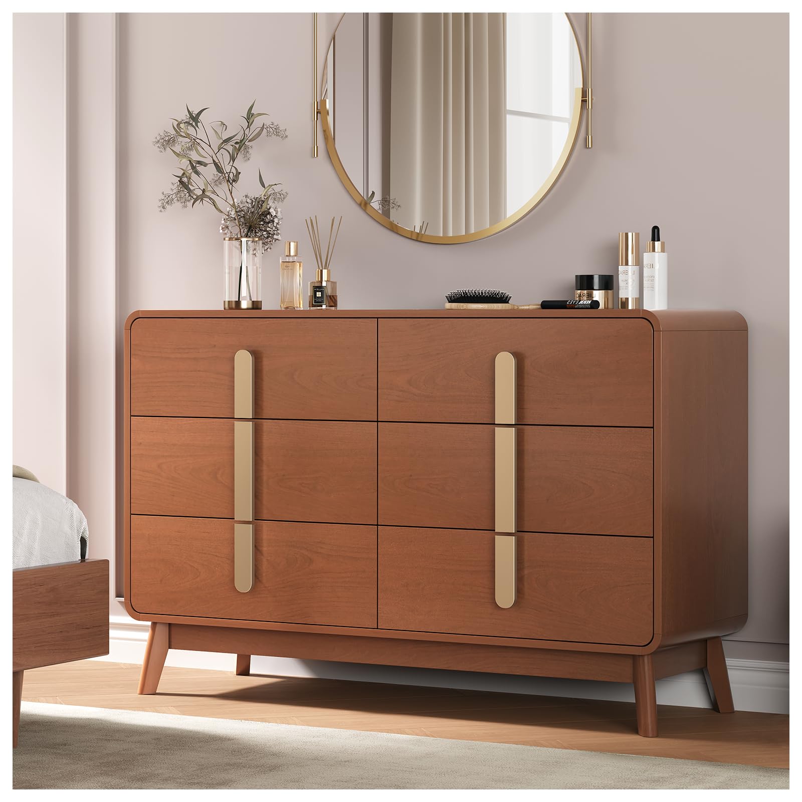 6-Drawer Mid Century Modern Dresser 47" Wide Cherry Wood