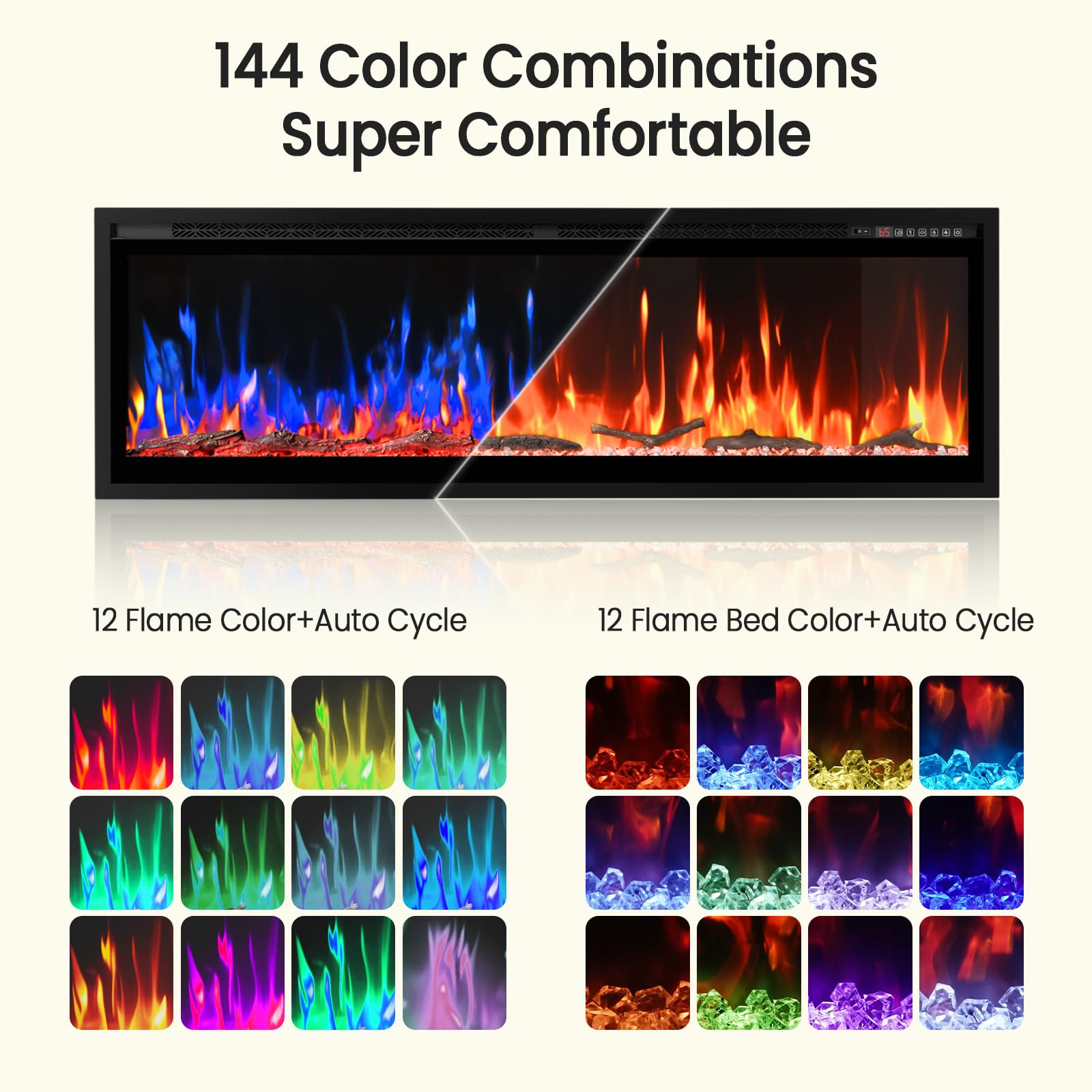60" Smart Electric Fireplace with Voice Control and Realistic Flame