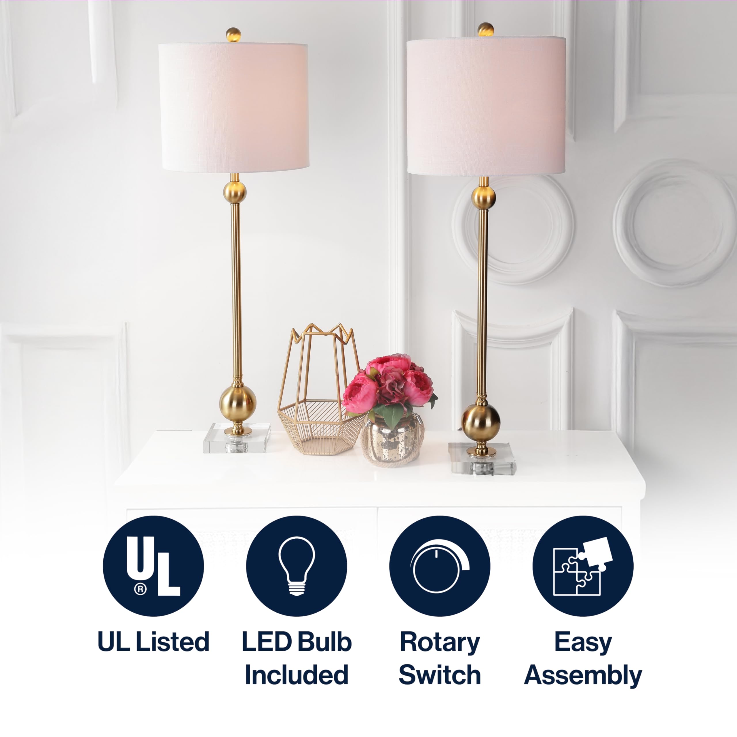Mid-Century Modern Brass Crystal Table Lamp Set