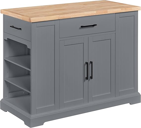 Kitchen Island on Hidden Wheels with Rubberwood Top