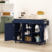 Blue Rolling Kitchen Island Cart with Drop Leaf and Storage