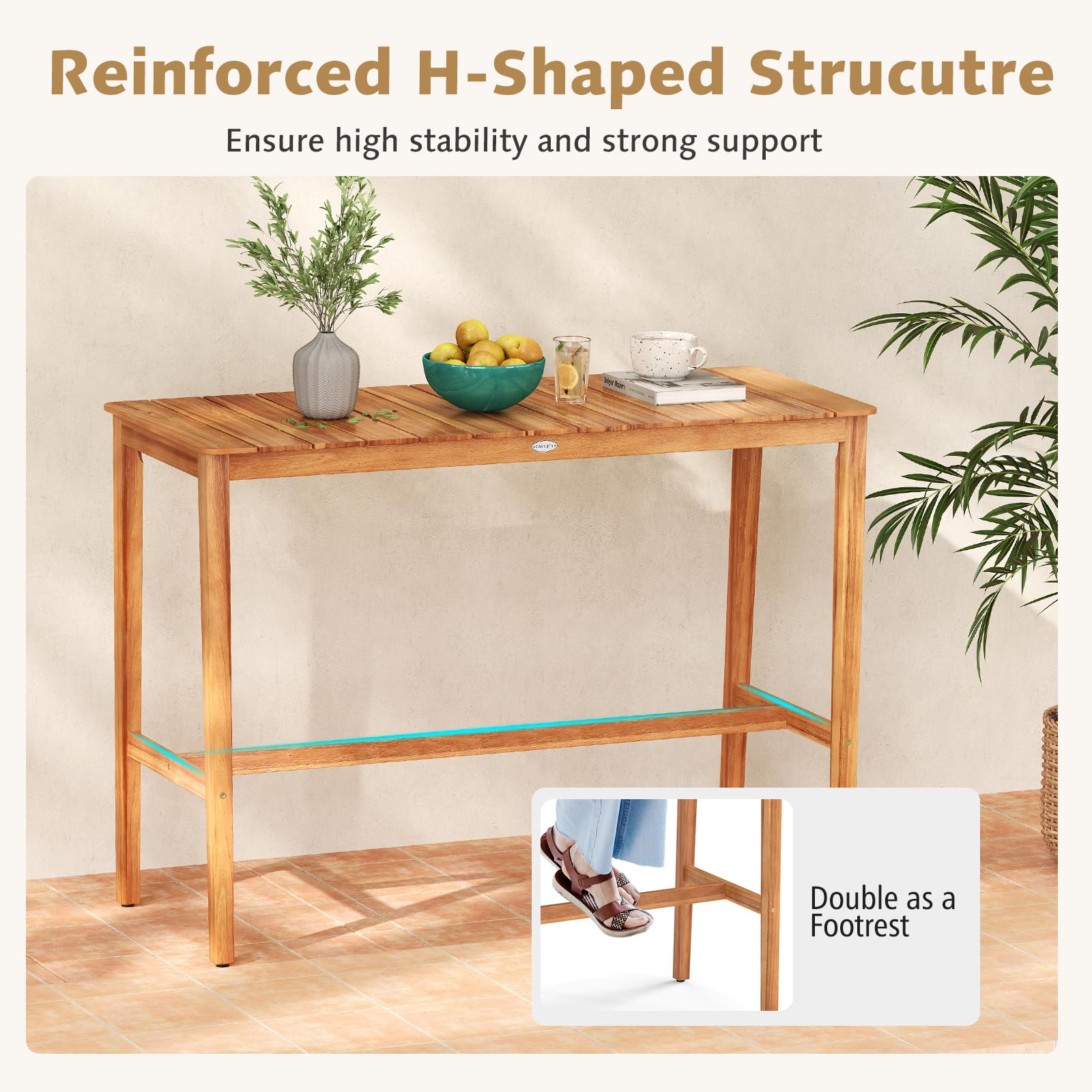 Acacia Wood Patio Bar Table 54x22 Inch Counter Height