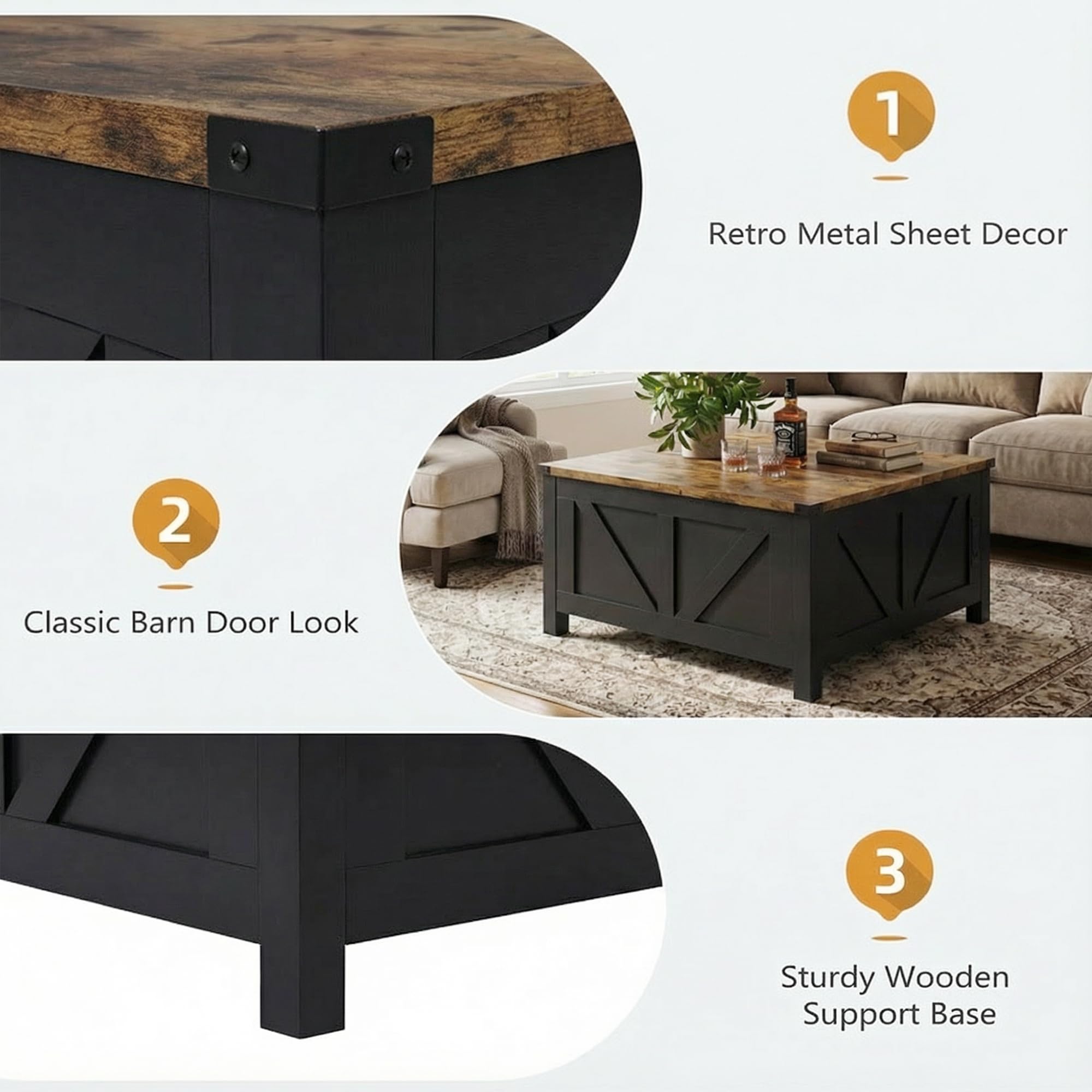Farmhouse Lift Top Coffee Table with Charging Station