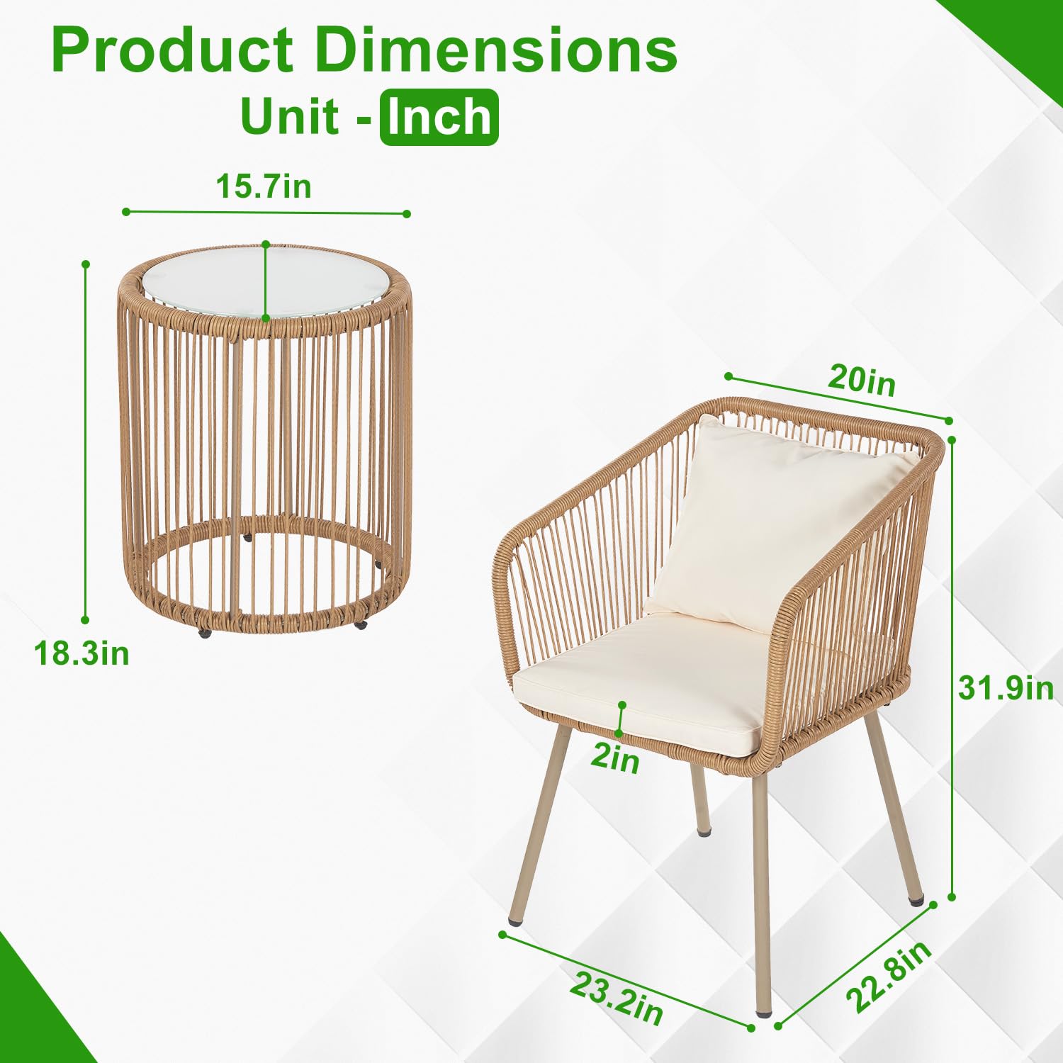 3-Piece Rattan Patio Bistro Set with Cushions