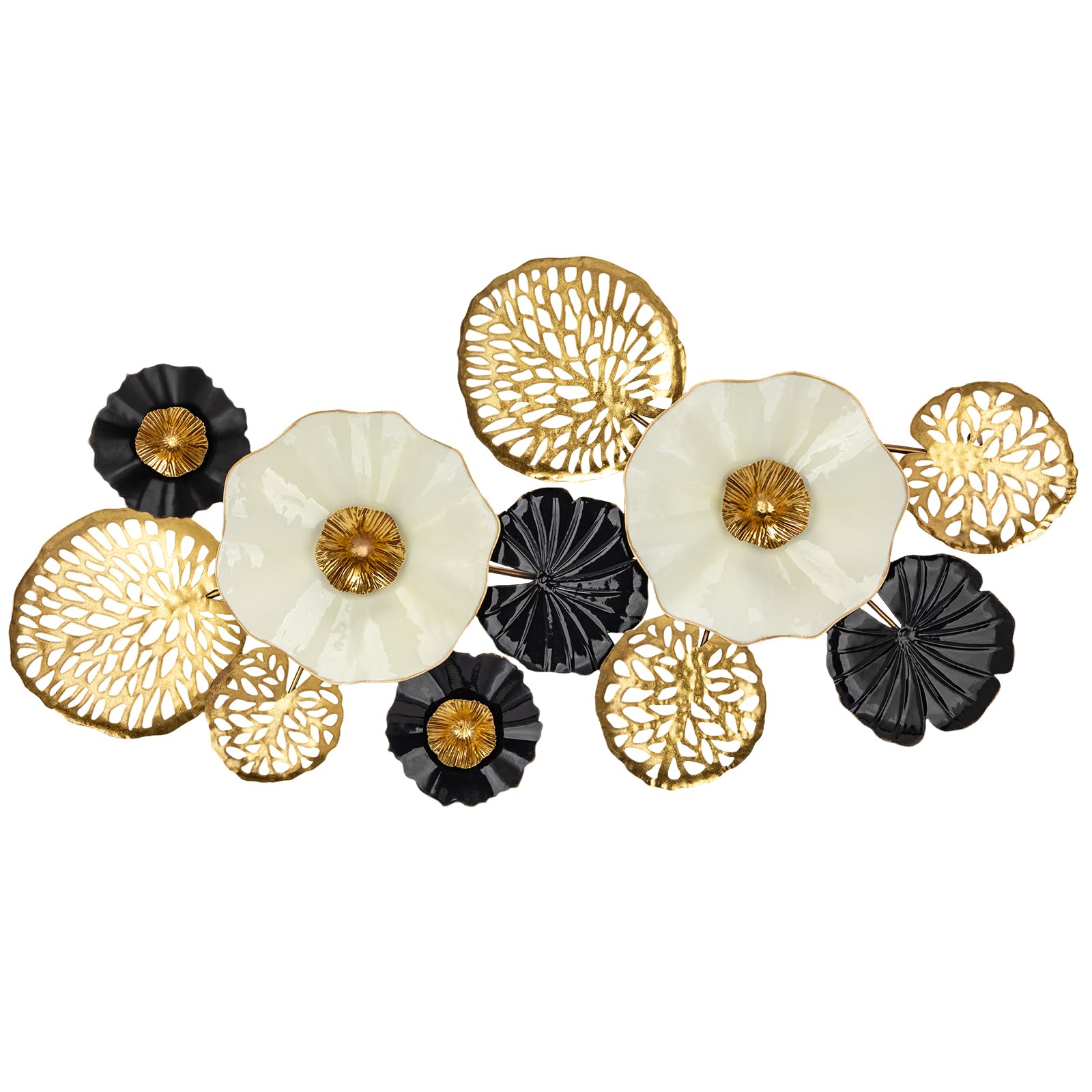 Modern Floral Metal Wall Art - Black Gold White Decorative Flower Sculpture