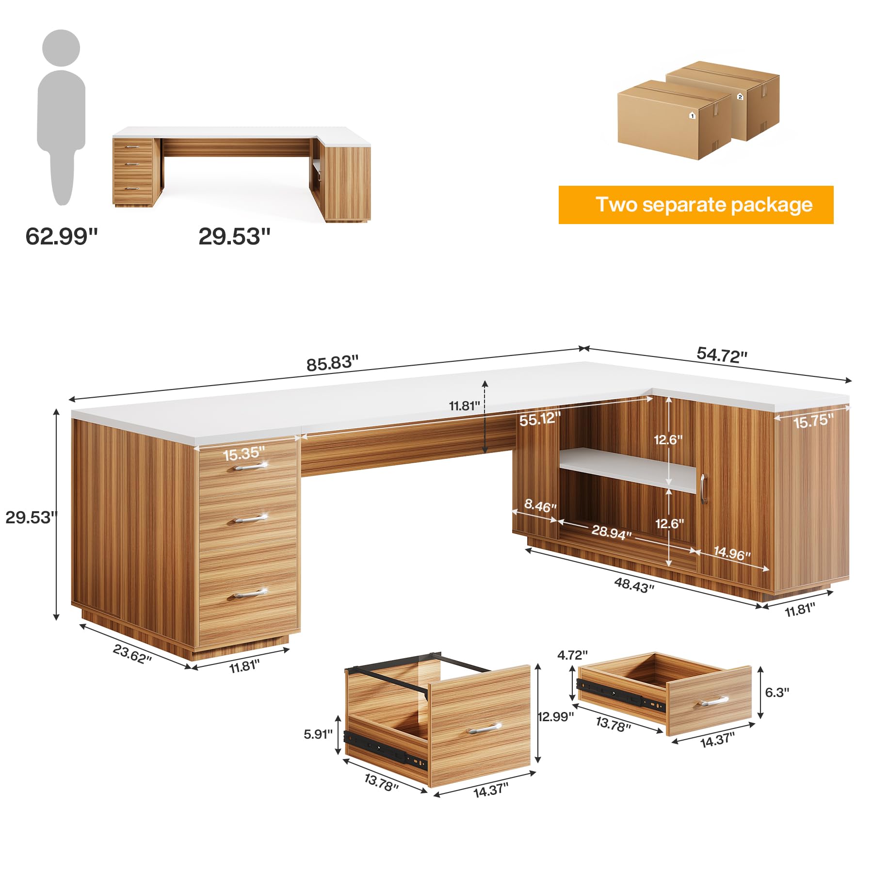 L-Shaped Executive Office Desk with File Drawers and Storage Cabinet