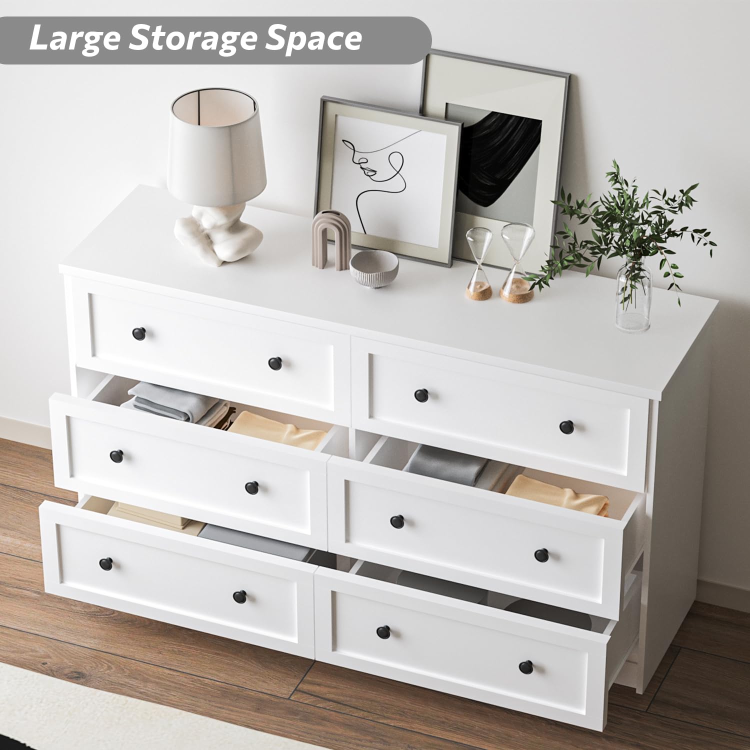 55" Modern 6 Drawer Double Dresser with Black Knobs