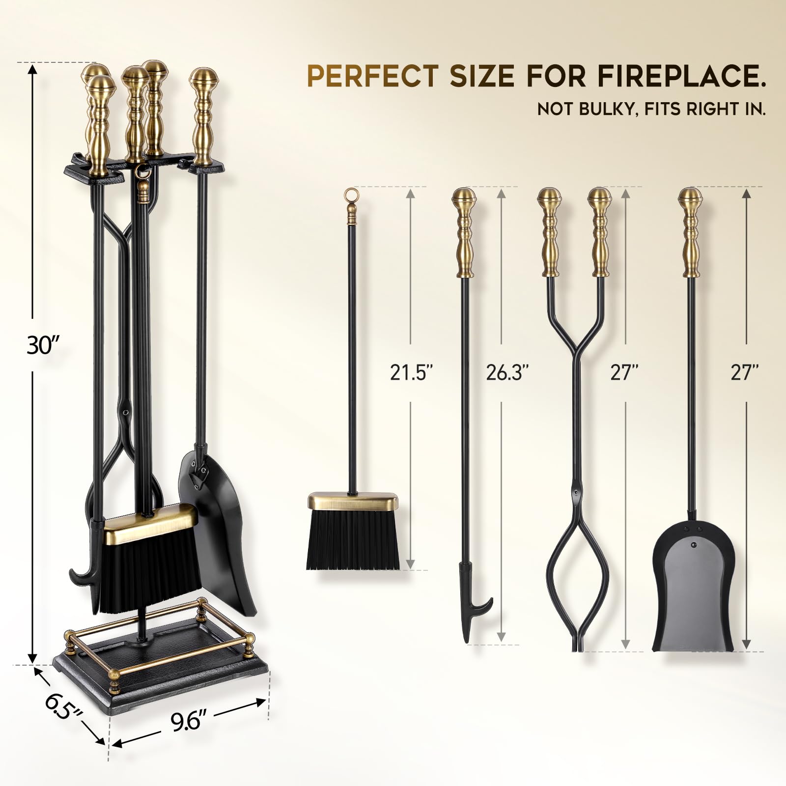 5-Piece Fireplace Tool Set with Brass Handles