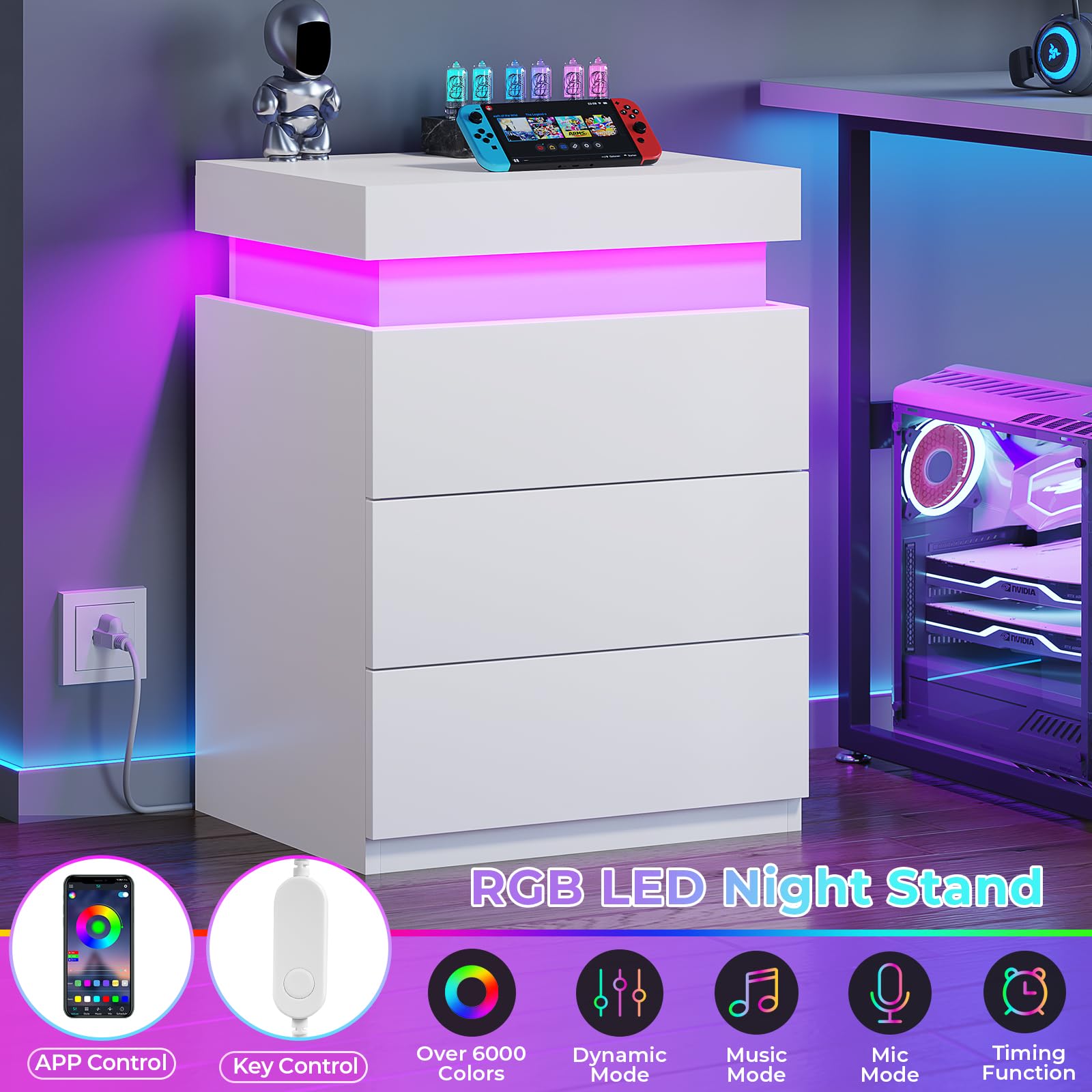 LED Nightstand with Charging Station