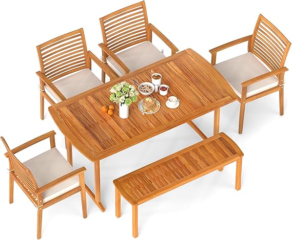 6-Piece Outdoor Acacia Wood Dining Set with Cushioned Chairs and Bench