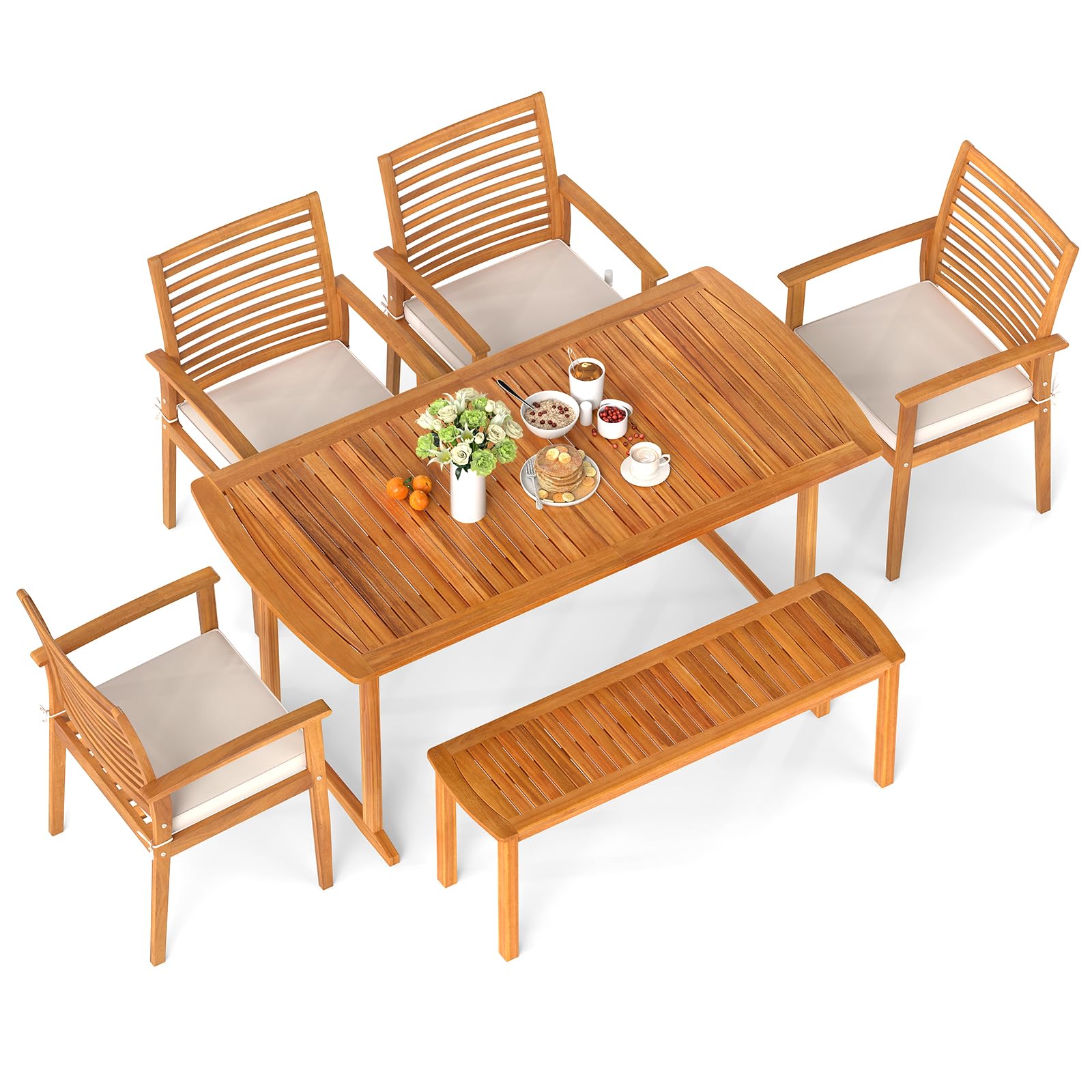 6-Piece Outdoor Acacia Wood Dining Set with Cushioned Chairs and Bench